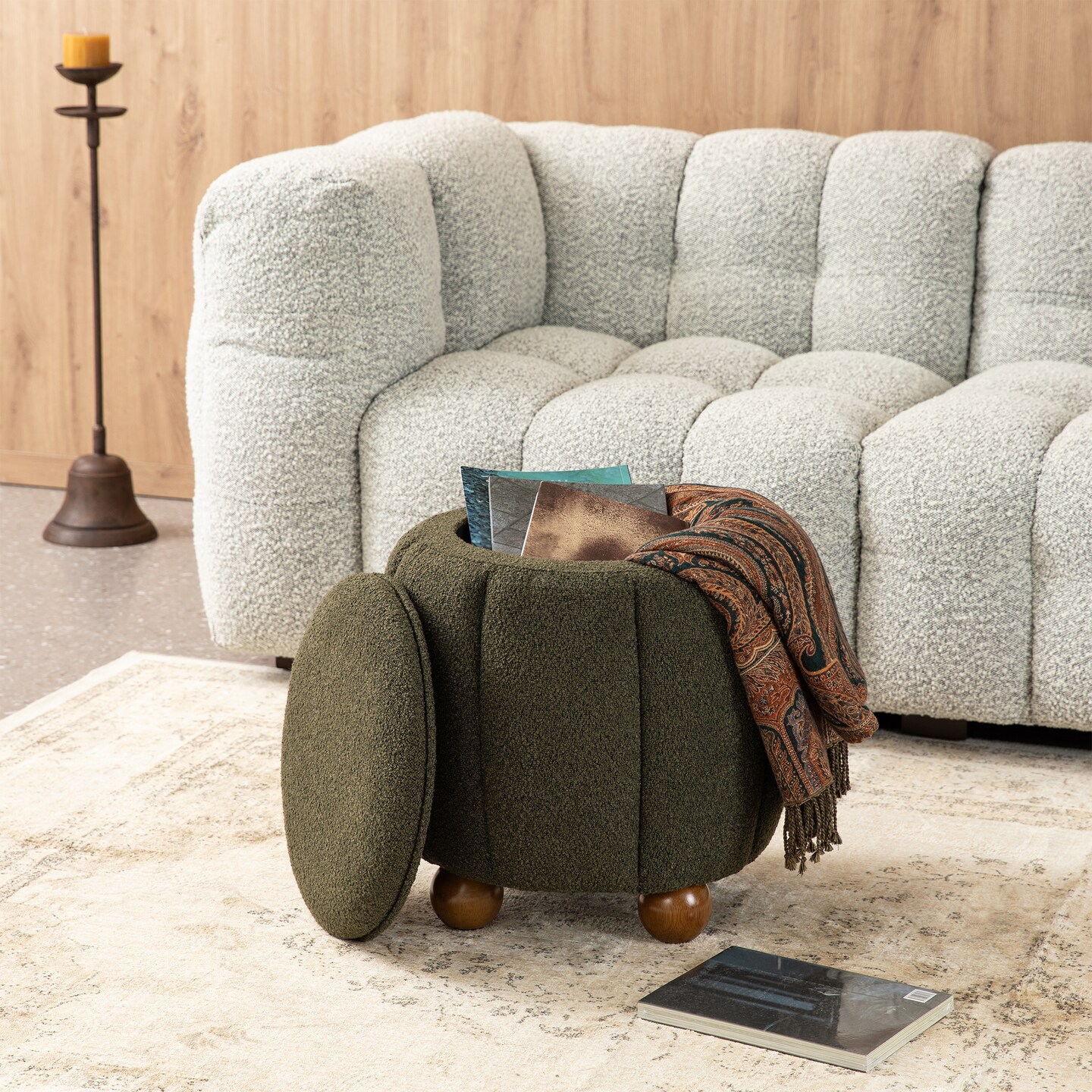 19&#x22;H Boucle Upholstered Storage Ottoman Stool with Rubberwood Feet