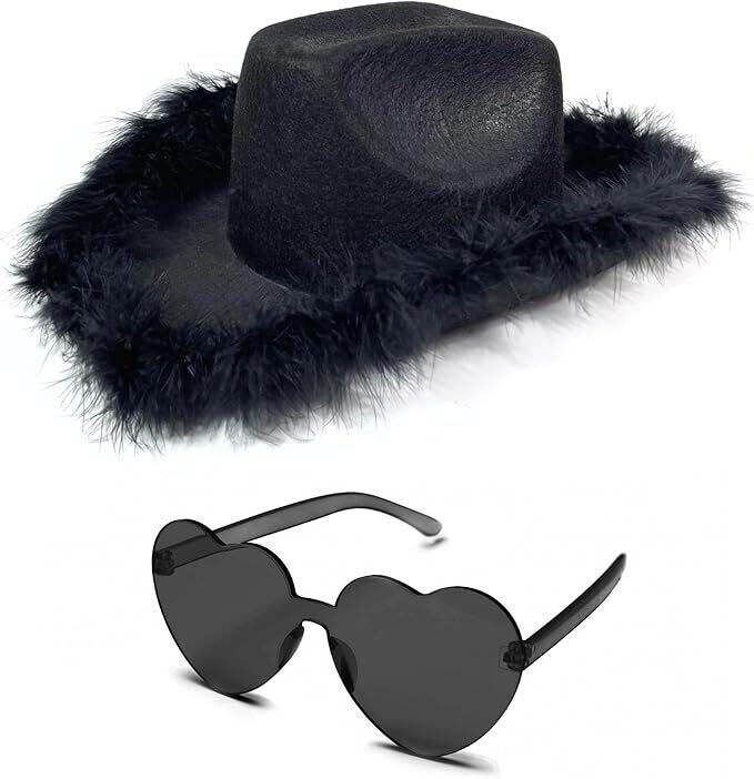 4E&#x27;s Novelty Black Cowboy Hat with Feathers and Heart Sunglasses for Women - Black Cowboy Hat, Oversized Heart Glasses - Cowboy Hat for Costume Party