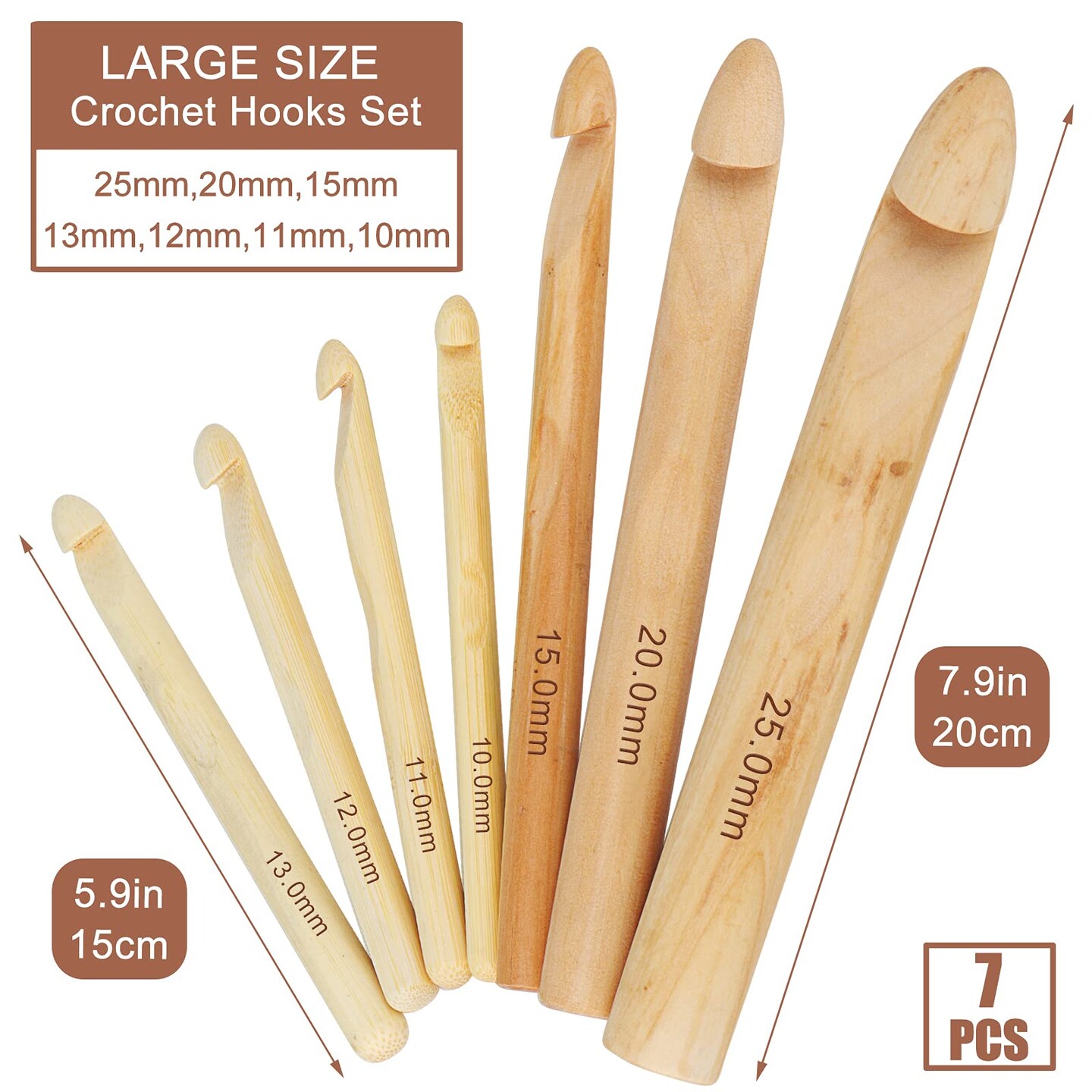 Large Wooden Crochet Hooks Ergonomic Crochet Hook Set 10-25 mm, 7PCS Inline Crochet Hooks Bamboo Crochet Kit for Beginner, Giant Wood Crochet Needles for Crocheting Chunky Yarn, Rugs, Blankets
