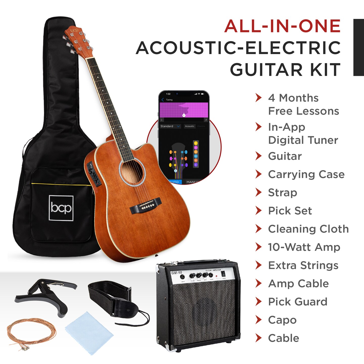 Best Choice Products Beginner Acoustic Electric Guitar Starter Set 41in w/ All Wood Cutaway Design, Case