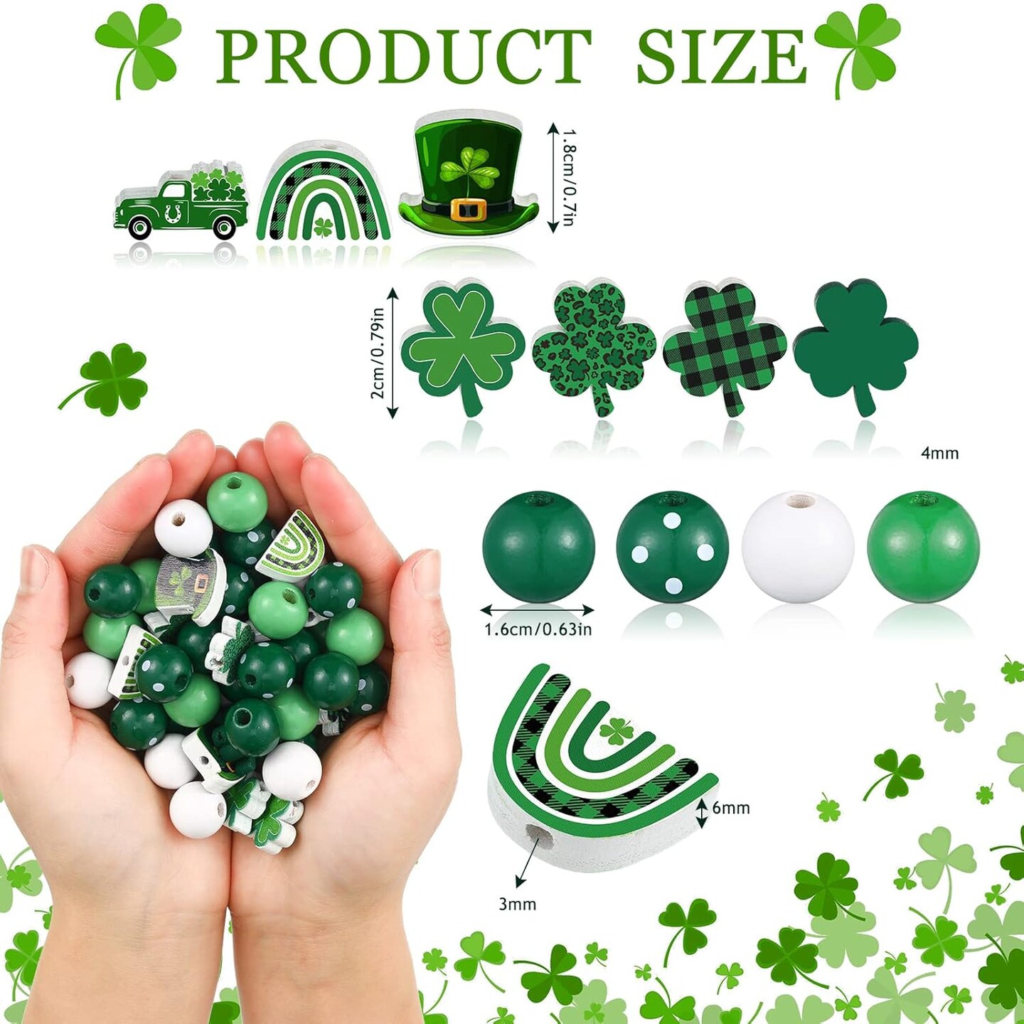 200 Pieces St. Patrick&#x27;s Day Wood Beads Green Wood Spacer Round Beads St. Patrick&#x27;s Day Wooden Craft Kits for DIY Crafts Garland Home Party Decor Ornaments (Shamrocks Style)