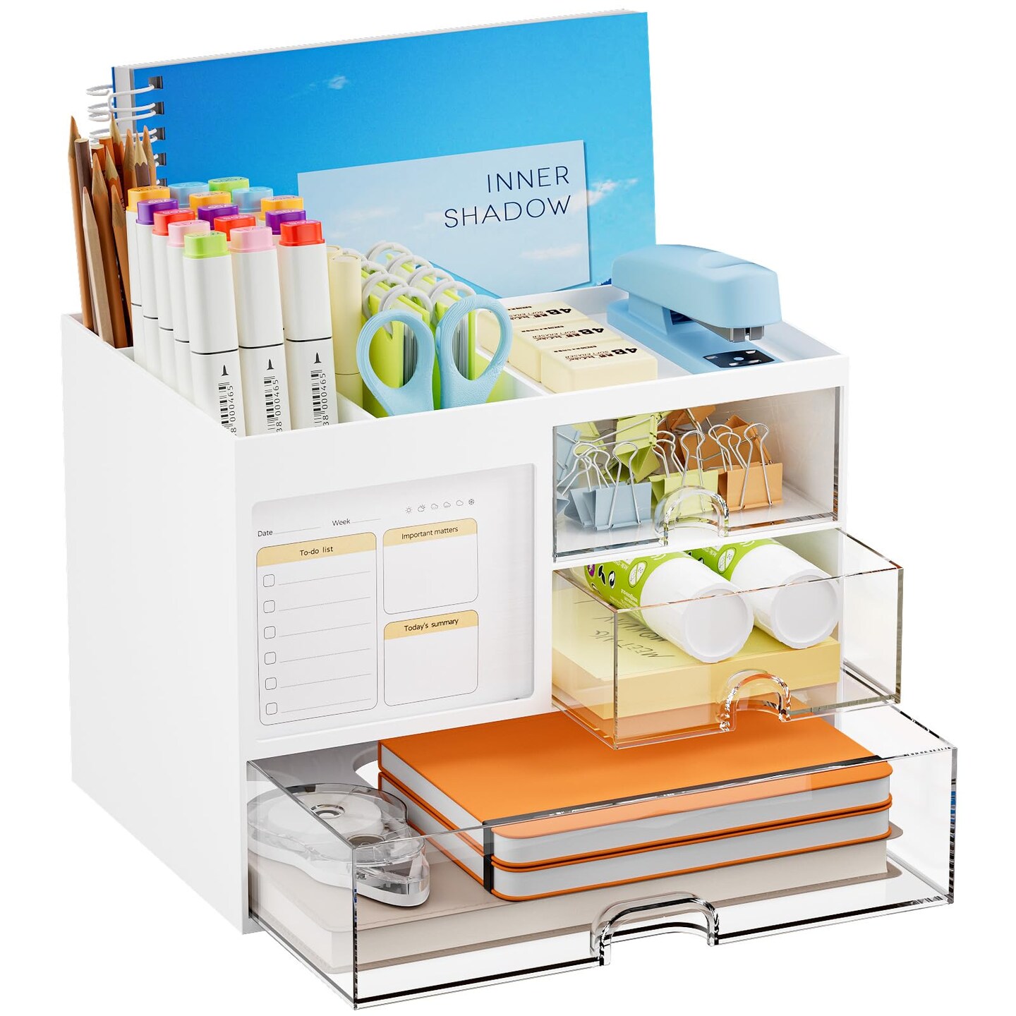 Desk Organizer with 3 Drawer, Multi-Functional Pencil Pen Holder for Desk, Desk Organizers and Accessories with 4 Compartments, Desktop Organizer Storage for Office Home Art Supplies (White)