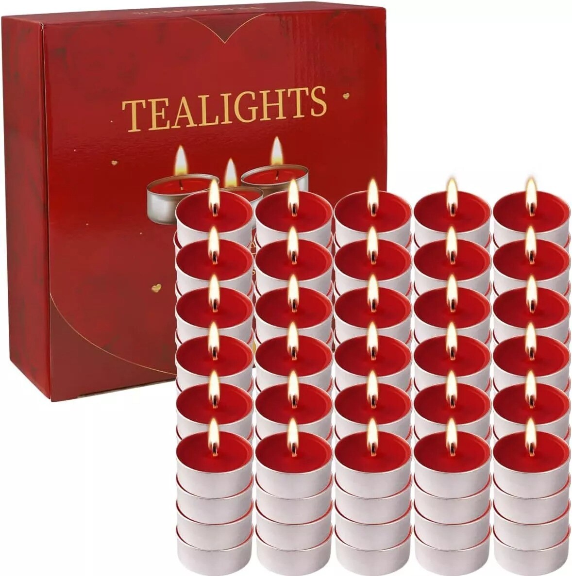 100 Pack Red Unscented Tealight Candles, Romantic Love Tea Lights