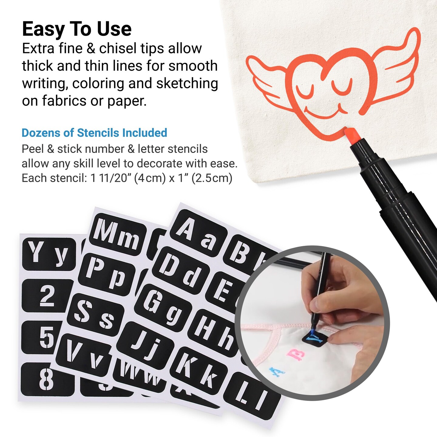 Dual Tip Fabric Markers, 20 Chisel and Fine Tip Markers Fabric Paint Pens for Fabric Decorating with Gold and Silver Colors including Numbers and Letter Stencils