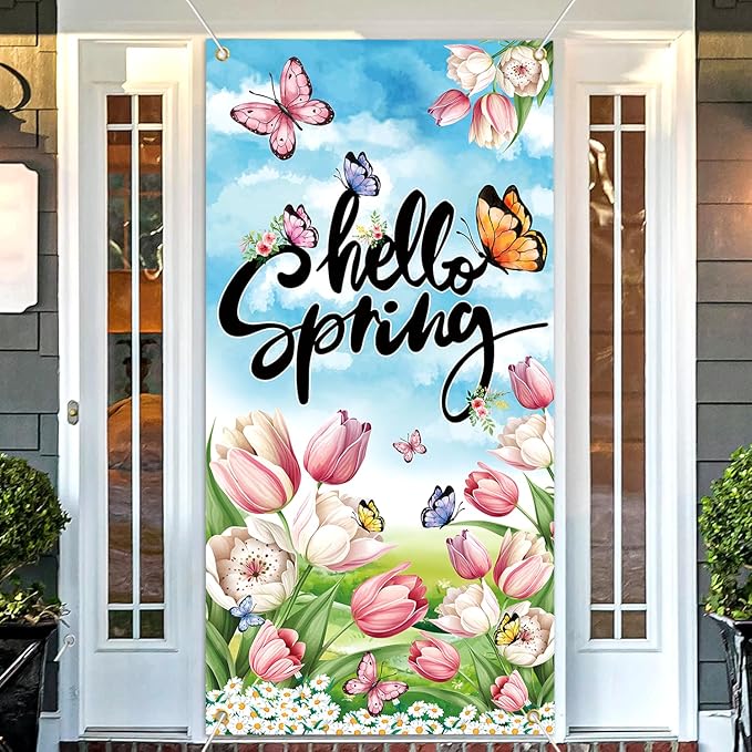 Spring Decorations Door Cover, 6x2.9 FT Hello Spring Banner for Door, Spring Decorations for Office, Spring Decorations For Classroom Spring Door Cover