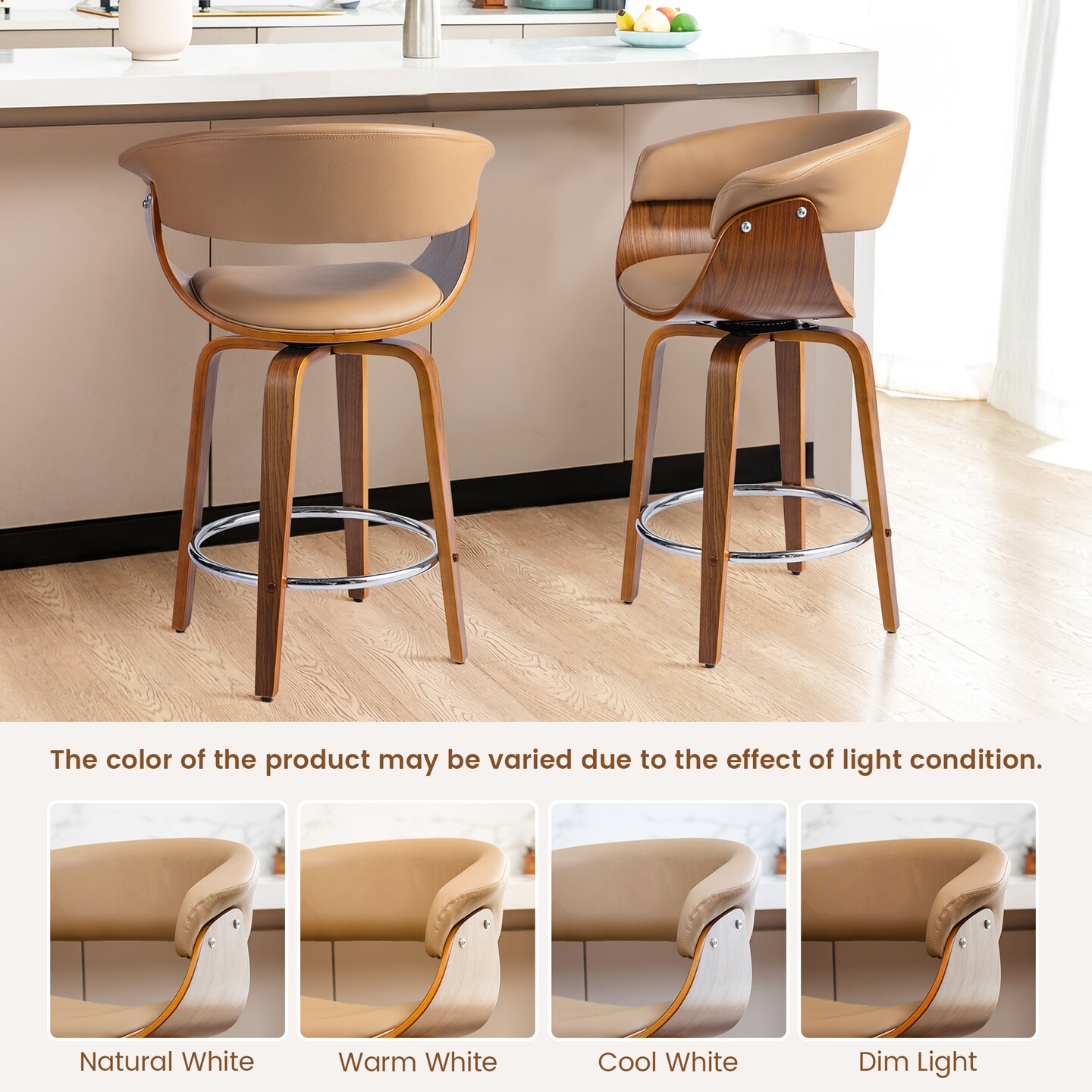 Set of 2/4 Mid-century Modern Leatherette Swivel Bar Stools/Counter Stools with Walnut Bentwood Frame