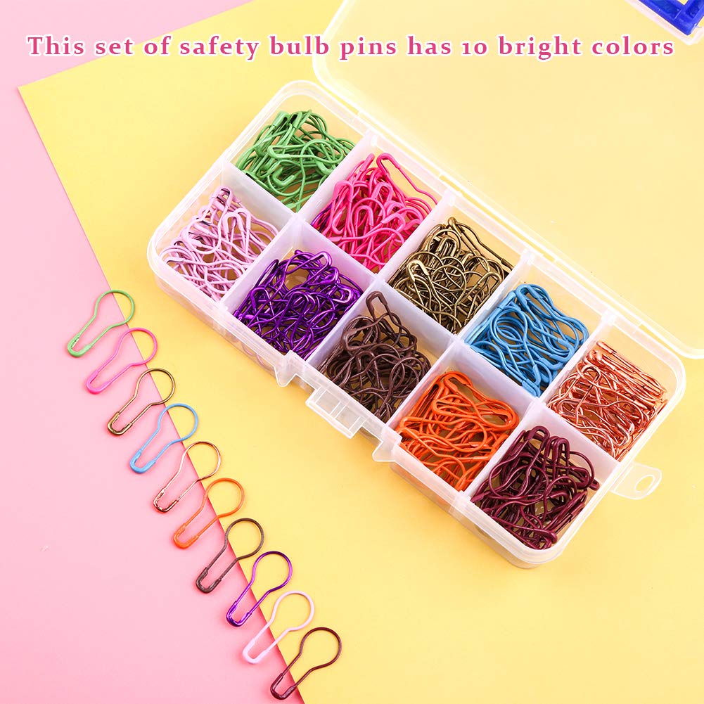 Mayboos 300 Pieces Safety Bulb Pins,10 Colors Calabash Crochet Stitch Markers, Metal Safety Pins for Knitting and DIY Project with Storage Box