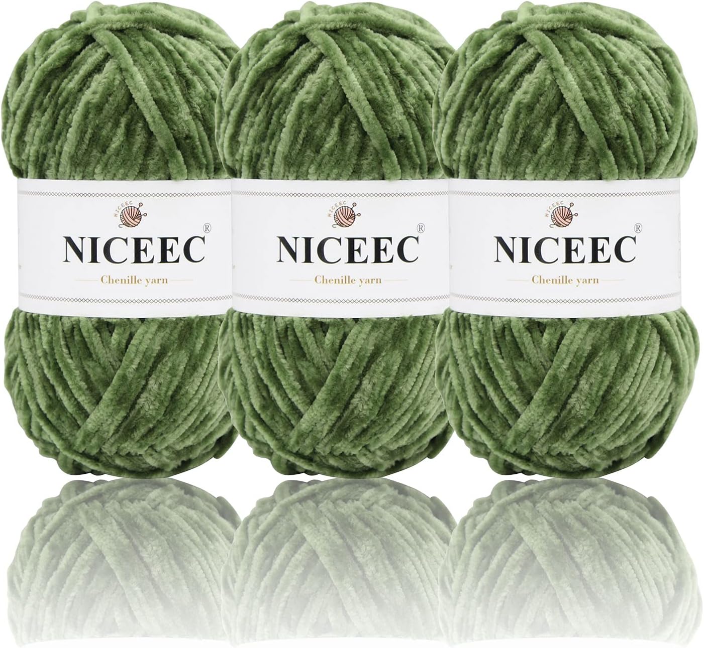 NICEEC 3 Skeins Soft Chenille Yarn Blanket Yarn for Knitting Fancy Yarn for Crochet Weaving DIY Craft Total Length 3×85m (3×93yds, 3×50g)_Army Green