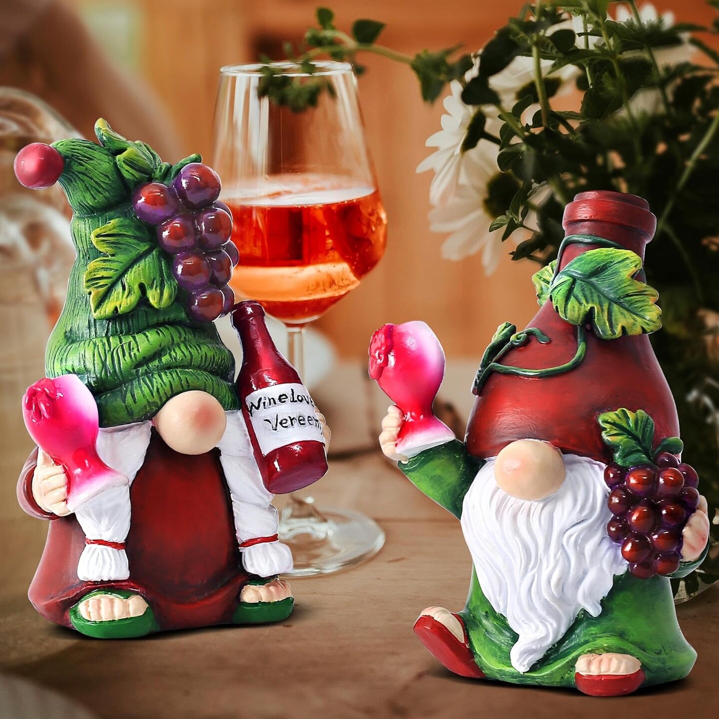 2PCS Wine Gnomes Figurines Home Party Wine Bar Decor Gnome Gifts for Women Collectible Statue for Dining Tables Tiered Pallets Wine Cabinet Living Room