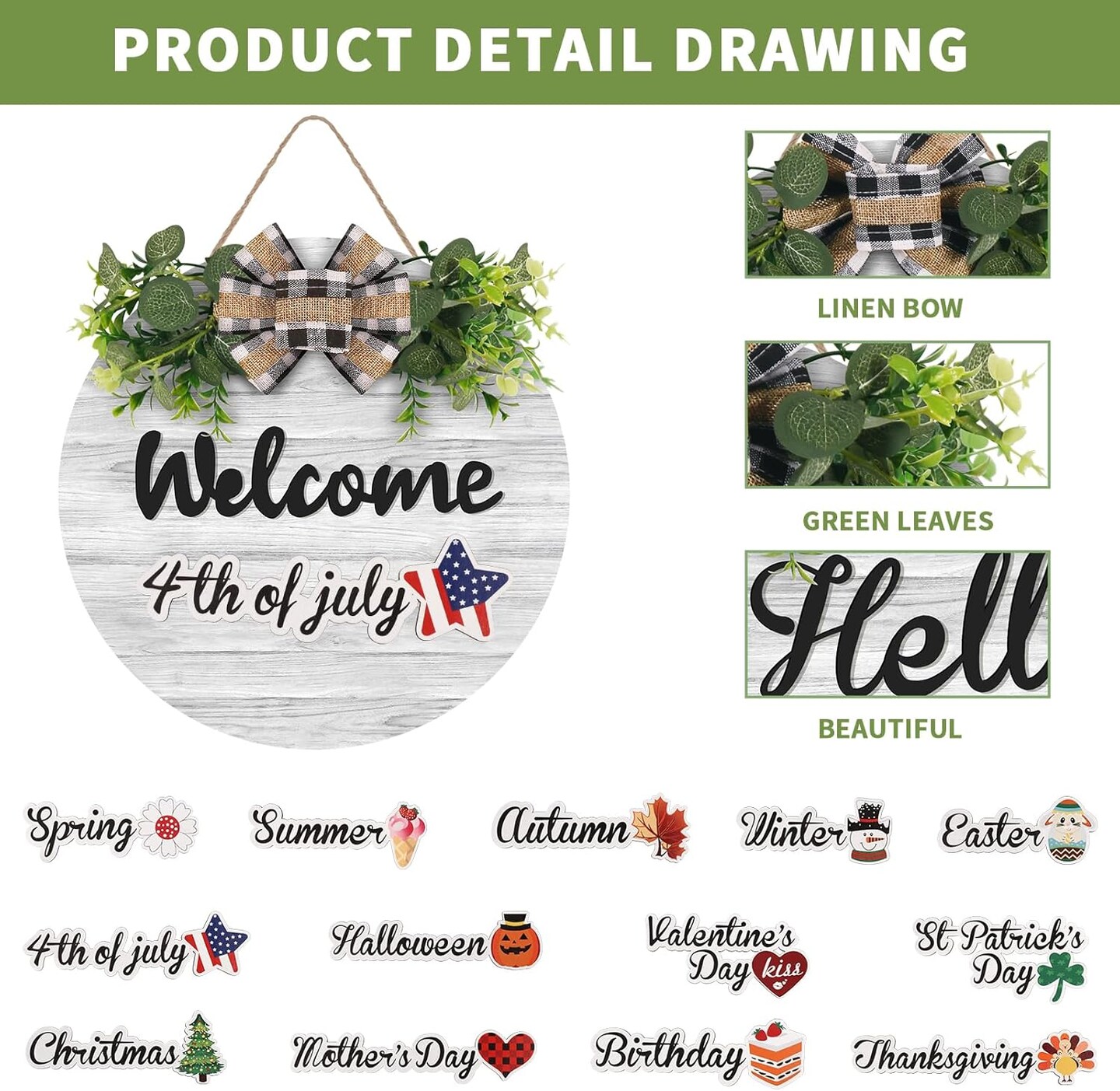 Interchangeable Wooden Seasonal White Welcome Sign, Rustic Welcome Front Door Wreaths
