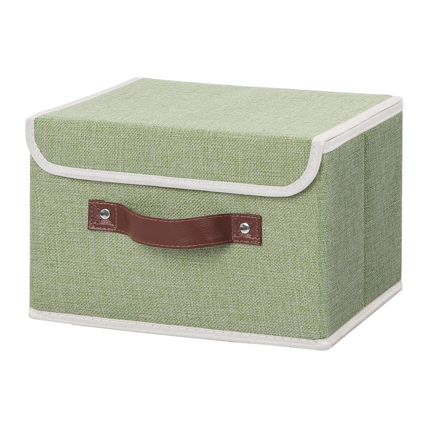 Storage Bin with Lid Storage Boxes with PU Leather Handles PP Plastic Board Decorative Foldable Lidded Cotton Linen Fabric Home Cubes Baskets Closet Organizer Container - Green, Small Size