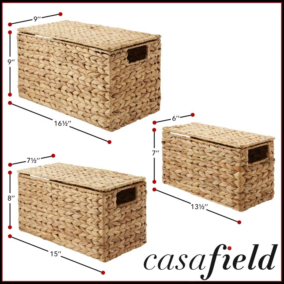 3-Piece Hyacinth Nesting Basket Set, Stacking Storage Wicker Bins with Lids