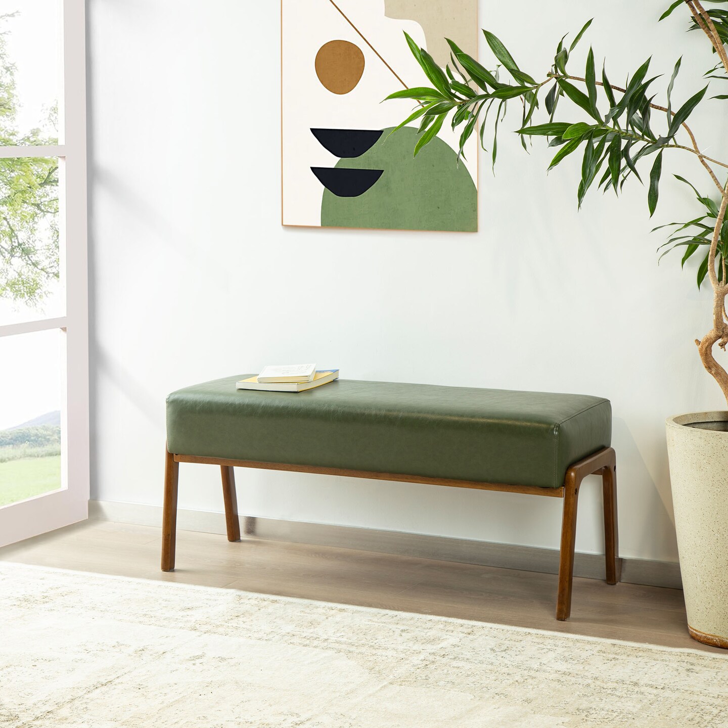 42.25&#x22;W Mid-century Modern Hunter Green Leatherette Bench with Walnut Rubberwood Legs