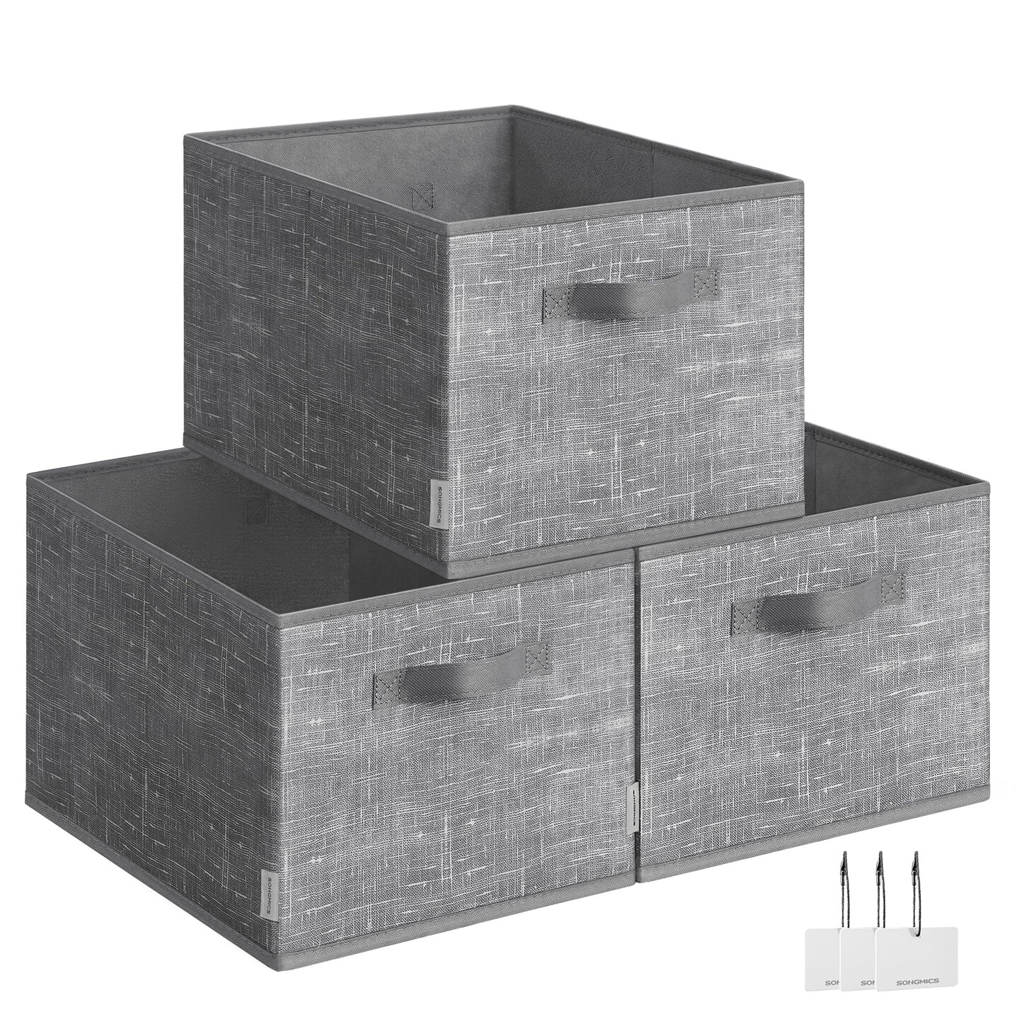 SONGMICS Storage Baskets, Set of 3 Fabric Storage Bins, 15.7 x 11.8 x 9.5 Inches, Foldable Closet Organizer for Shelves, 2 Handles, Label Holders, for Bedroom, Living Room, Cattail Gray UROB440G01