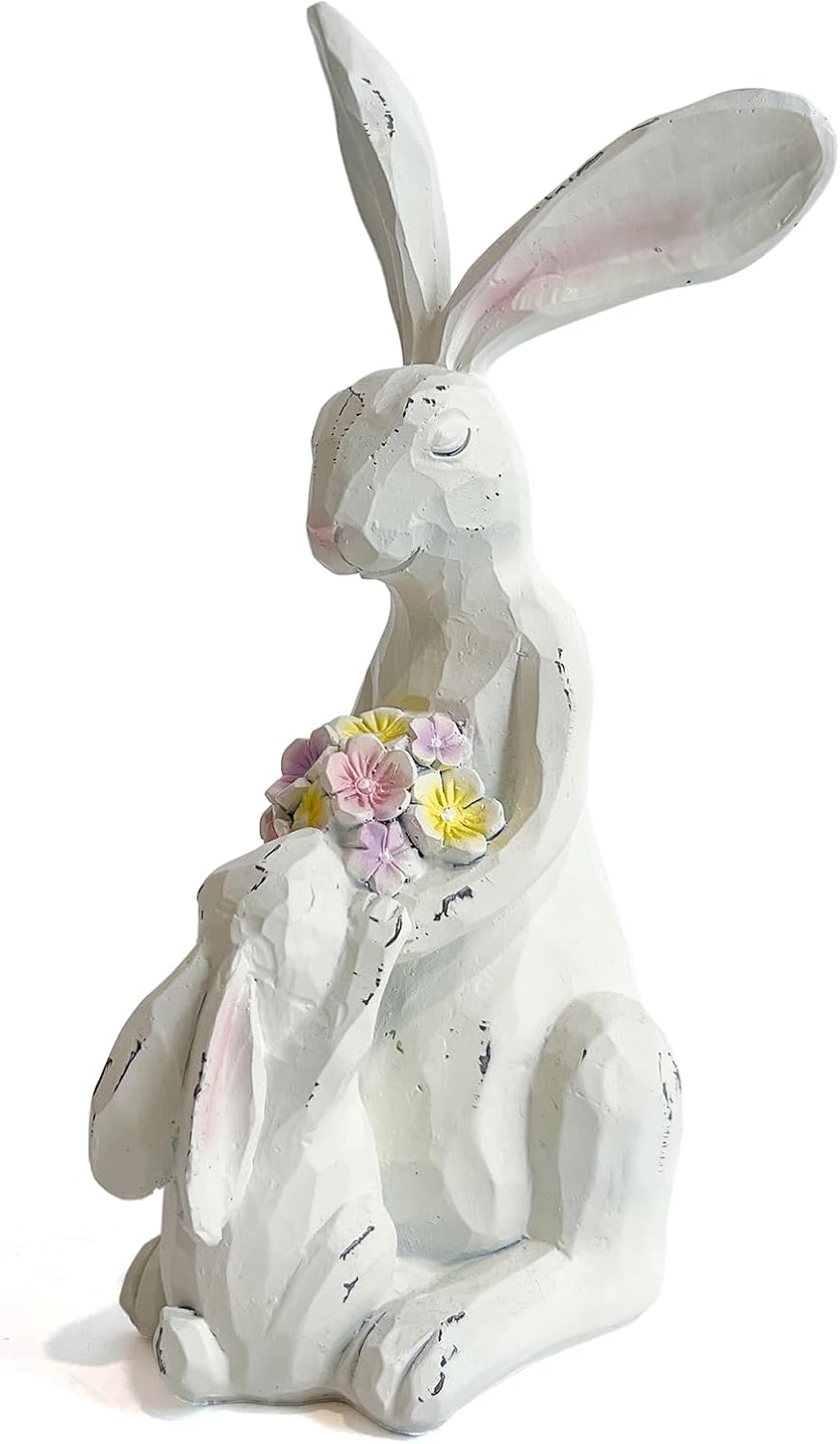 Easter Bunnies Statue Home Decor - Charming Hand Painted Resin Rabbit Figurines with Flower, Pretty Spring Home Decor &#x26; Gift