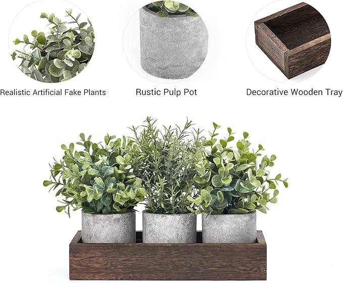 3-Pack Mini Artificial Eucalyptus Plants with Wood Tray – Farmhouse Table Centerpiece Decor