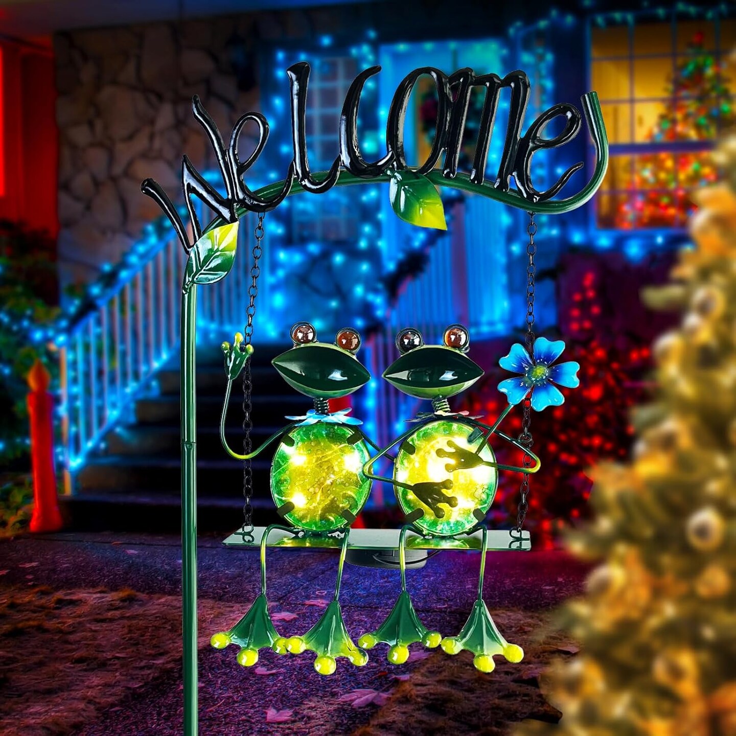 Outdoor Garden Solar Lights,Frog Swing Garden Decor,Frog Decorative Stake with Welcome Sign for Landscape Patio Yard (48 inch)
