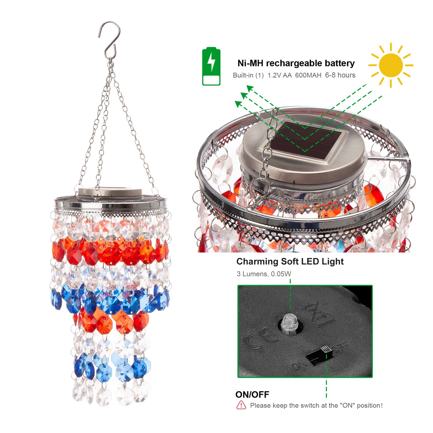 19"H Set of 2 Solar Lighted Patriotic Wind Chime Hanging Decor