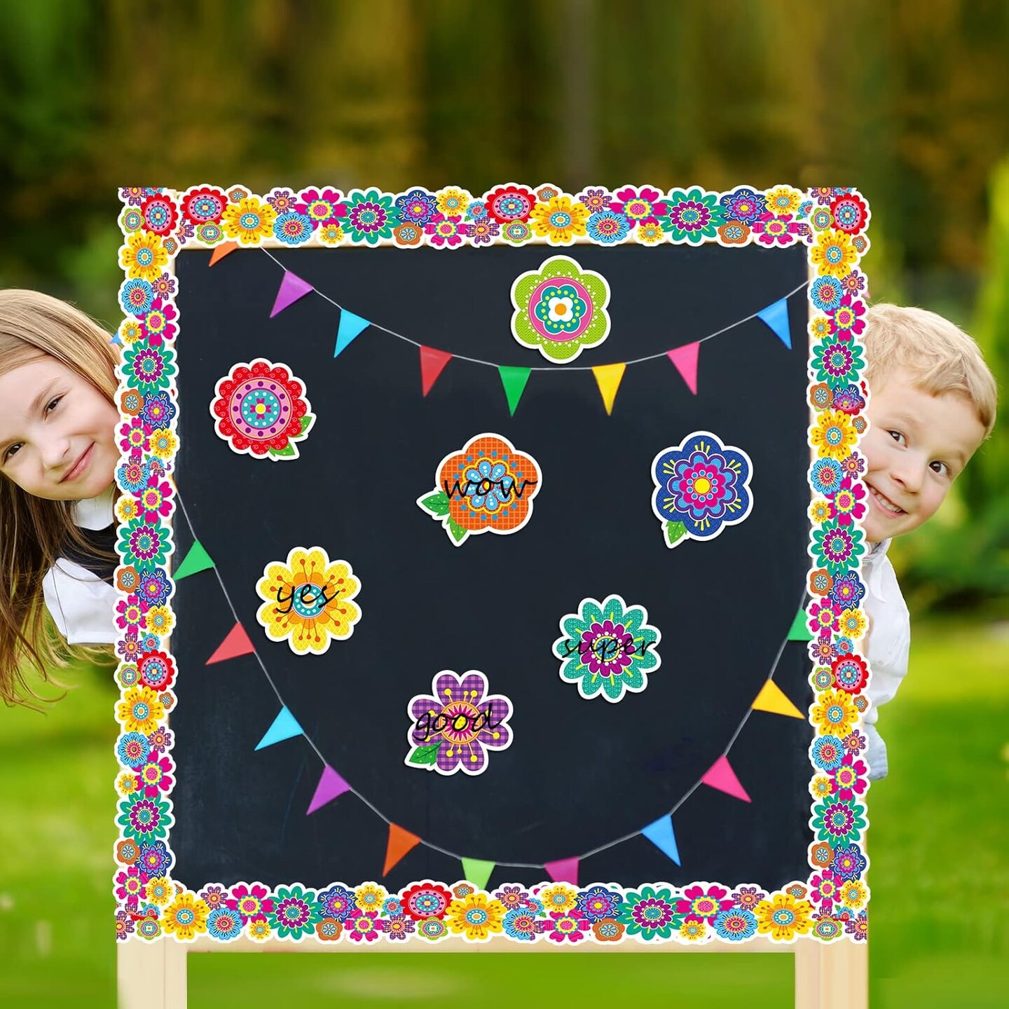 67 Pieces Spring Flower Bulletin Boards Decoration Set Included 37ft Bulletin Board Borders and 27 Pieces Flower Cutouts Offices Wall Decoration(Mixed Flowers)