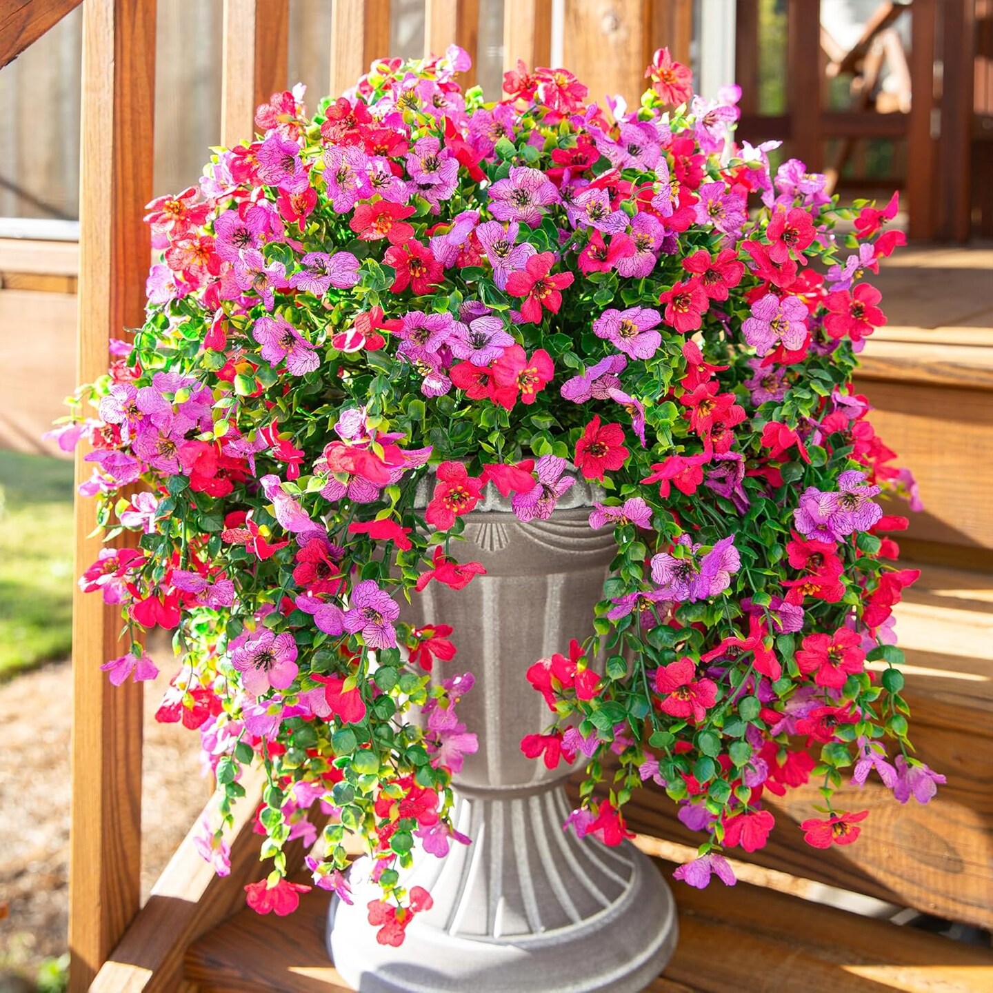 Artificial Faux Hanging Flowers Plants for Outdoor Decor, 2 PCS Outside Fake Silk Violets with Eucalyptus UV Resistant Realistic Daisy Trailing Vines for Planter Balcony Porch Patio Yard, Purplepink