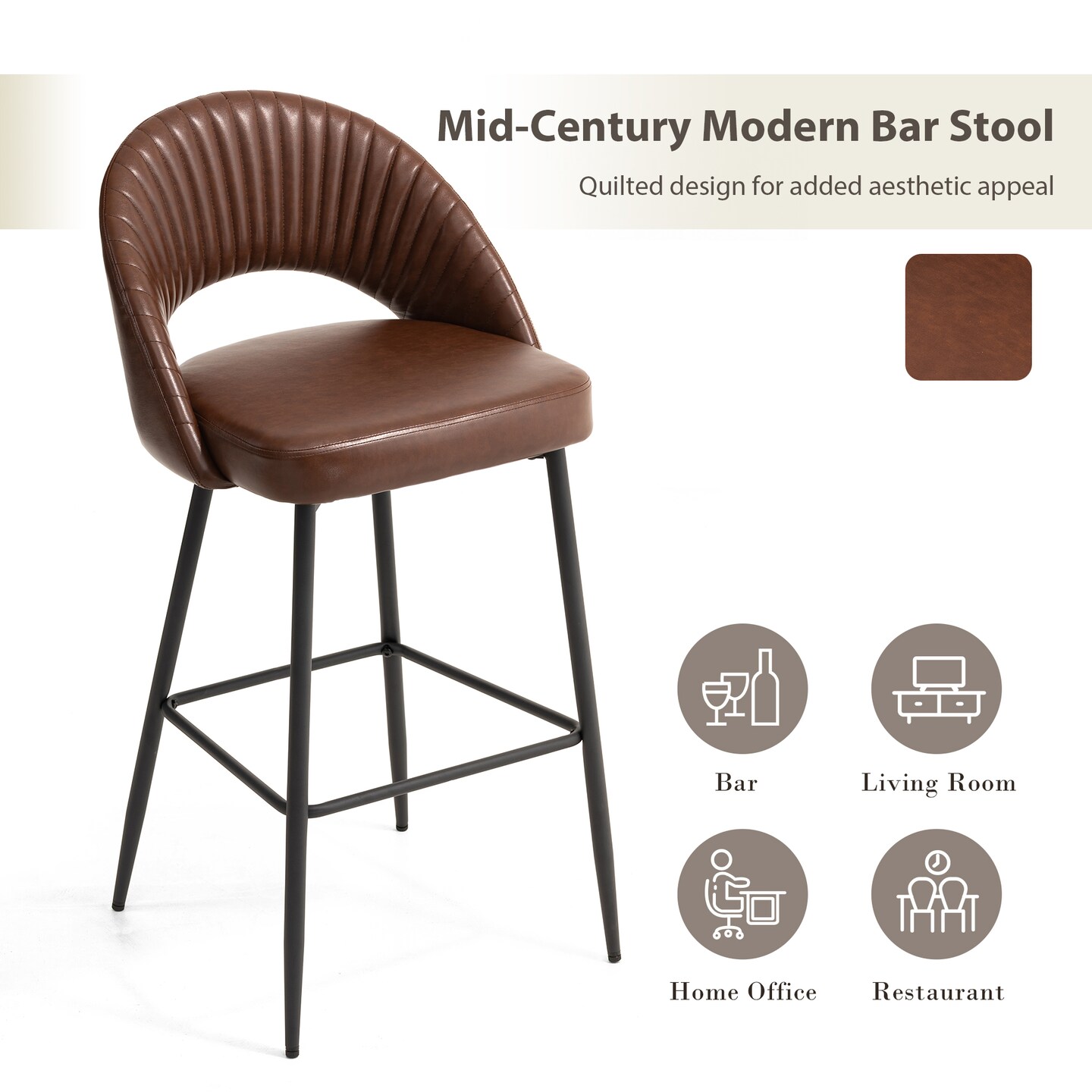 Set of 2/4 Modern Black Quilted Leatherette Bar Stool with Metal Tapered Legs