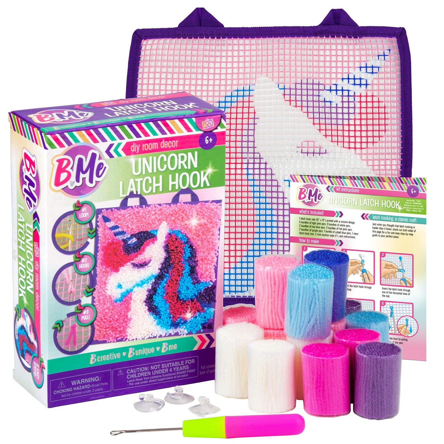 B Me DIY Unicorn Latch Hook Kit for Girls &#x2013; Mini Rug Sewing Set with 15 Colorful Yarn Bundles, Color-Coded Canvas, DIY Grils Bedroom D&#xE9;cor Idea Perfect Birthday &#x26; Gift Age 6+