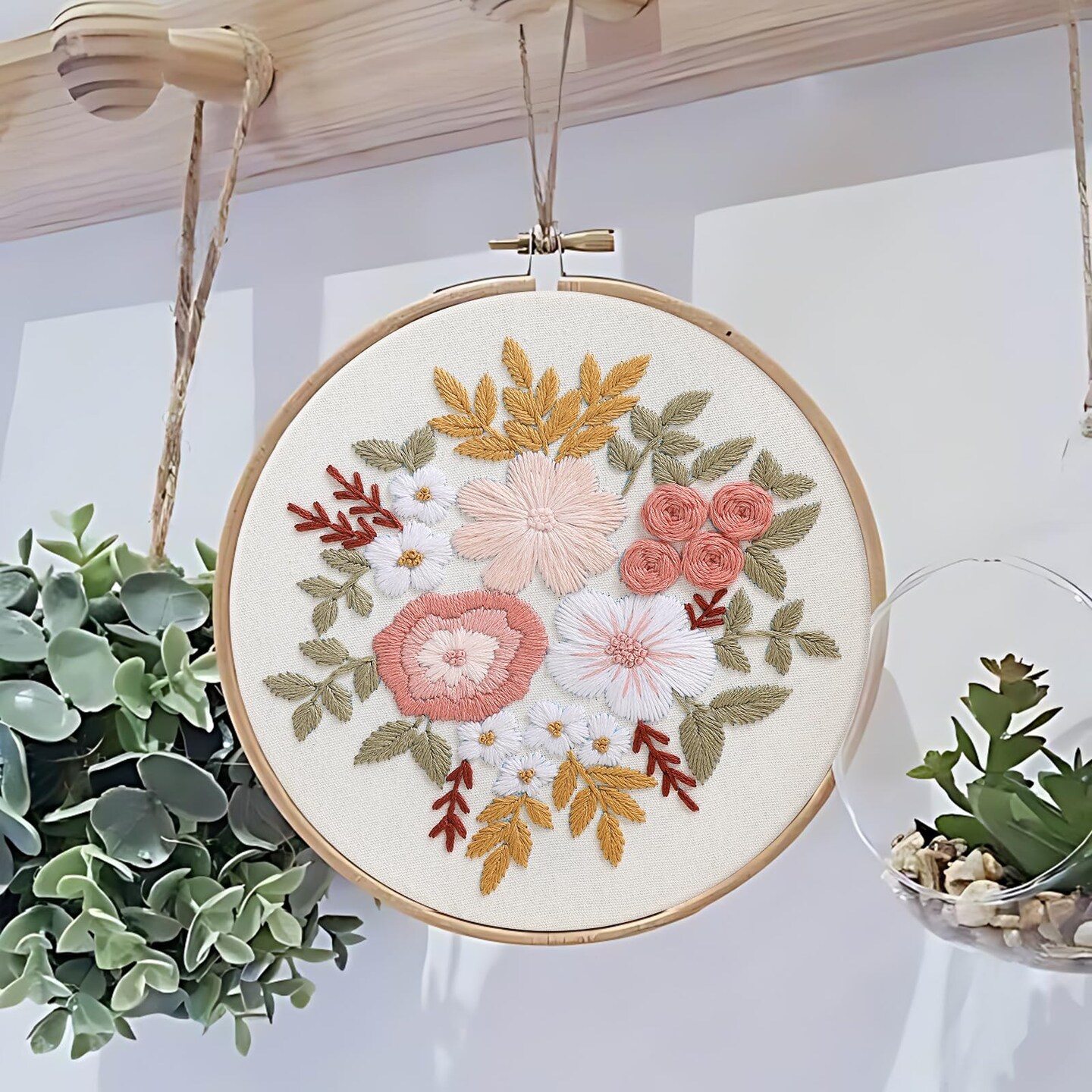 Embroidery Kit for Beginners, 3 Sets Stamped Cross Stitch Kits for Beginner, Floral Pattern Embroidery Starter Kits for Adults with Embroidery Hoop Instructions Threads and Needles Scissors