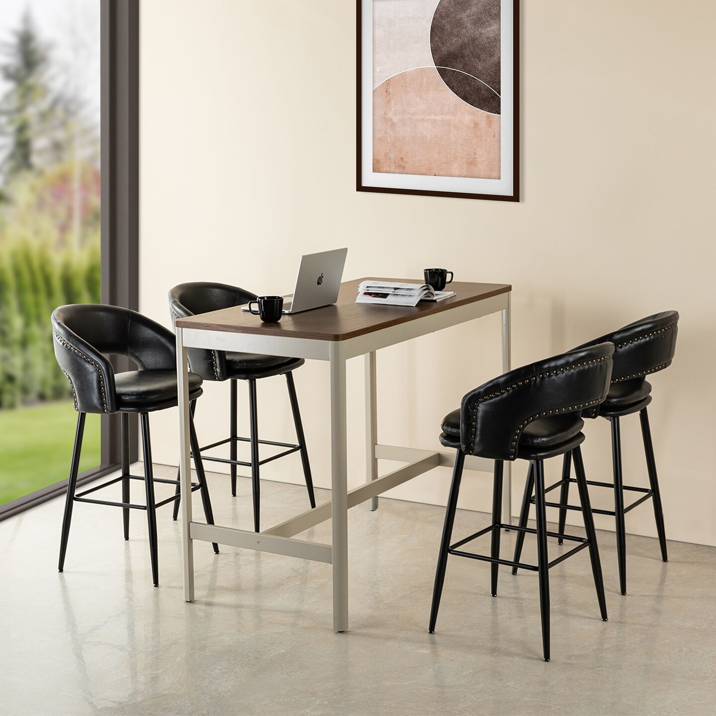 Set of 2/4 Mid-Century Modern 40.5&#x22;H Faux Leather Bar Stools with Nailhead Trim