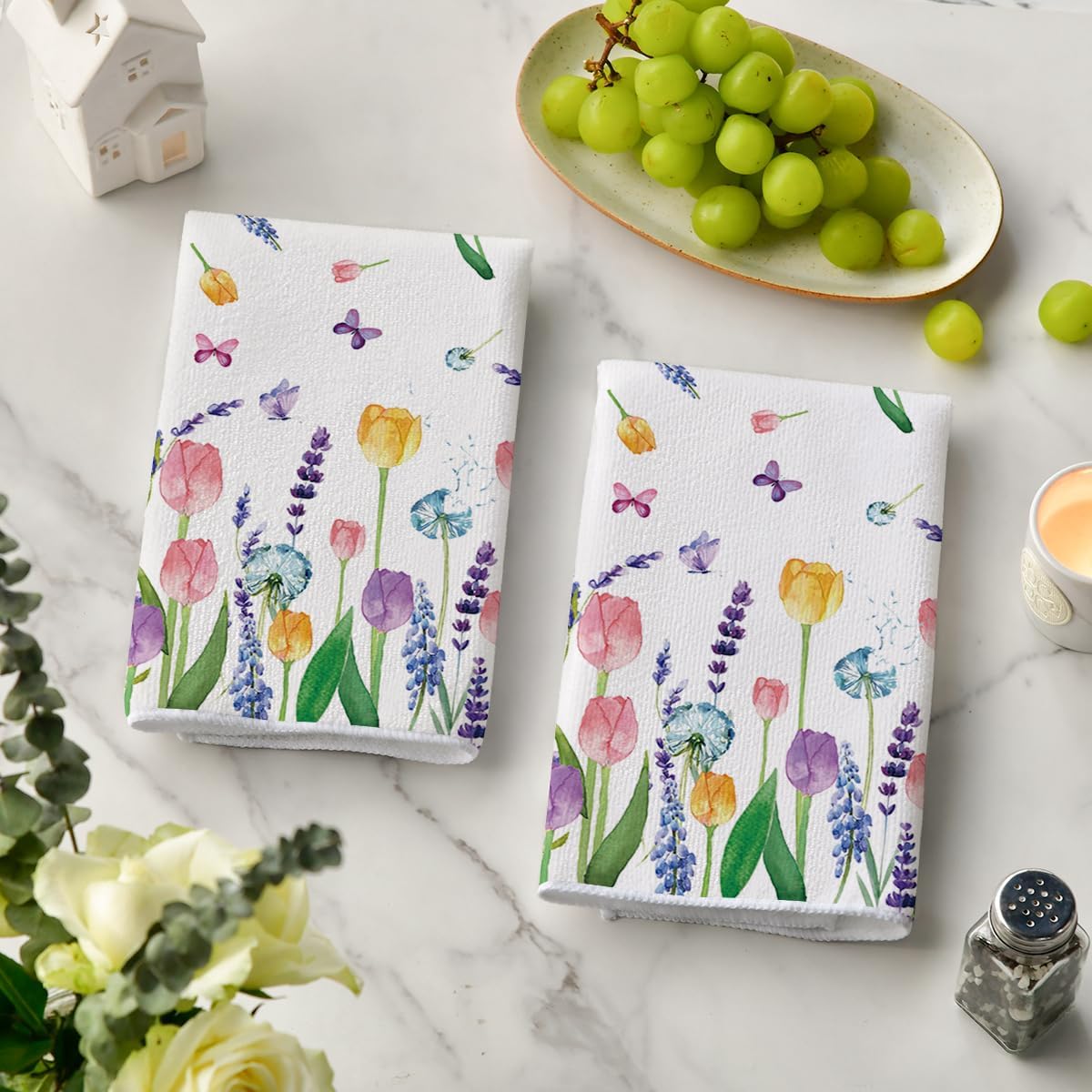 2-Pack Lavender Tulip Spring Kitchen Towels – 18x26" Seasonal Dish & Hand Towels for Summer