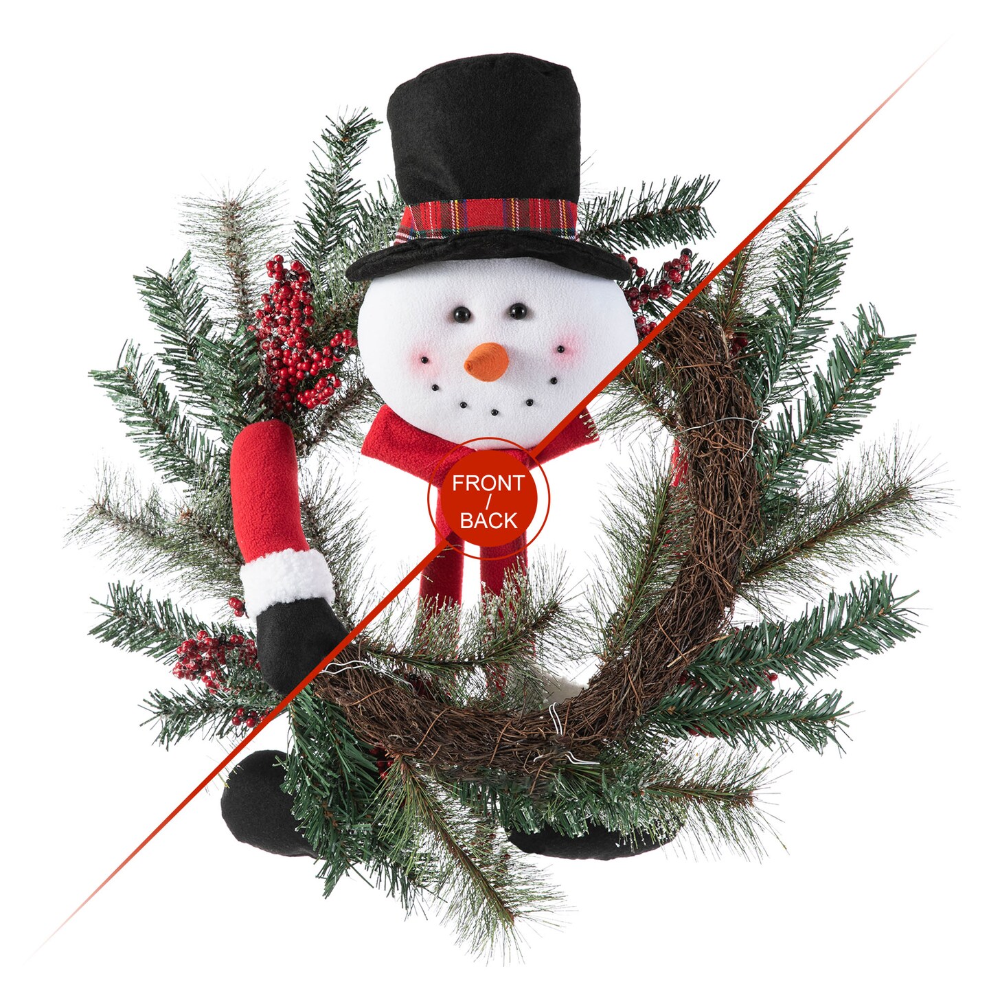 24&#x22;D Christmas Flocked Pine Needle &#x26; Berry Wreath with matched 20&#x201C;H Christmas Fabric Snowman Ornament Sets