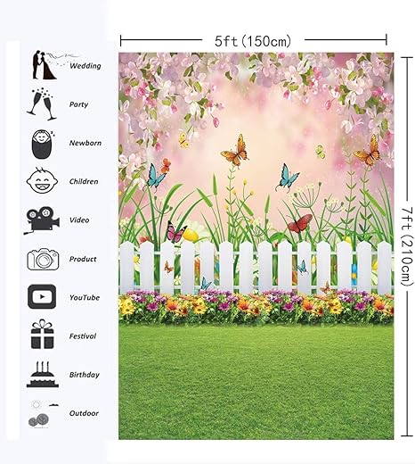 Spring Easter Garden Photography Backdrop Green Grass Lawn Floral Butterfly Fence Baby Shower Birthday Party Backgrounds (5x7FT)
