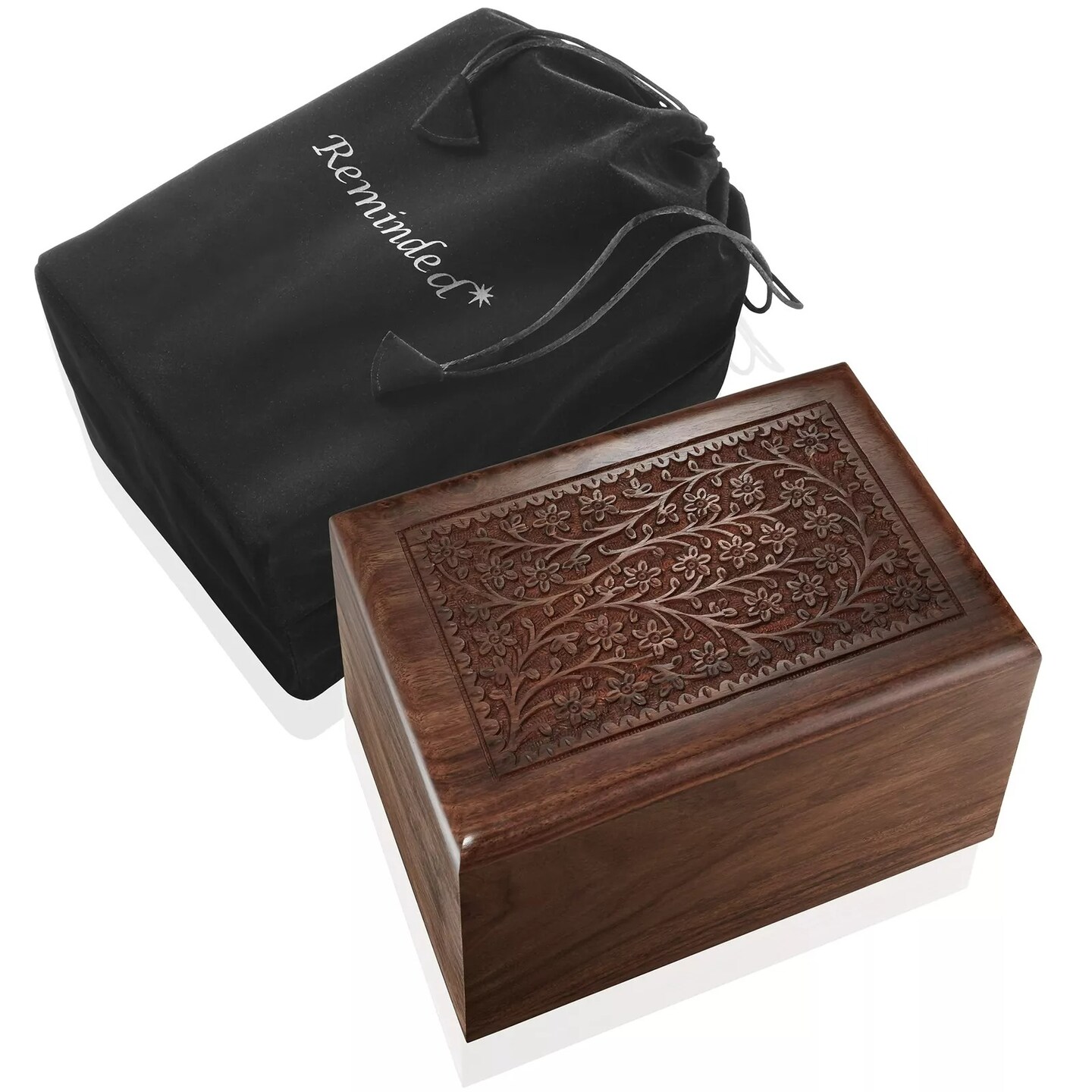 Rosewood Hand-Carved Floral Wood Memorial Cremation Box with Velvet Bag - XL