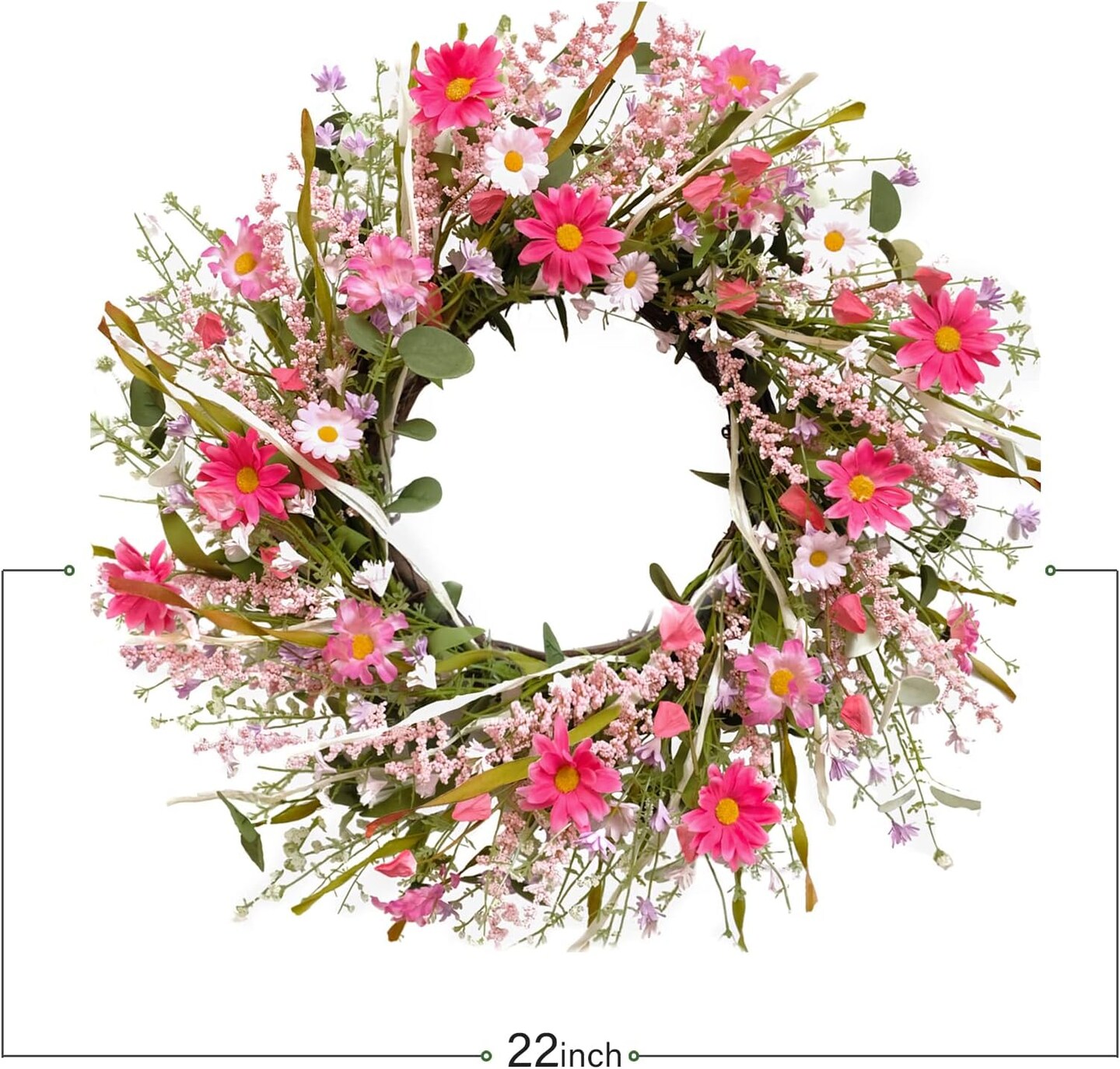 Pink Daisy and Lavender Wreath 22" Spring and Summer Wreath Artificial Spring Wreath Silk Summer Wreath for Front Door Garden Party Home Wall Wedding Decor