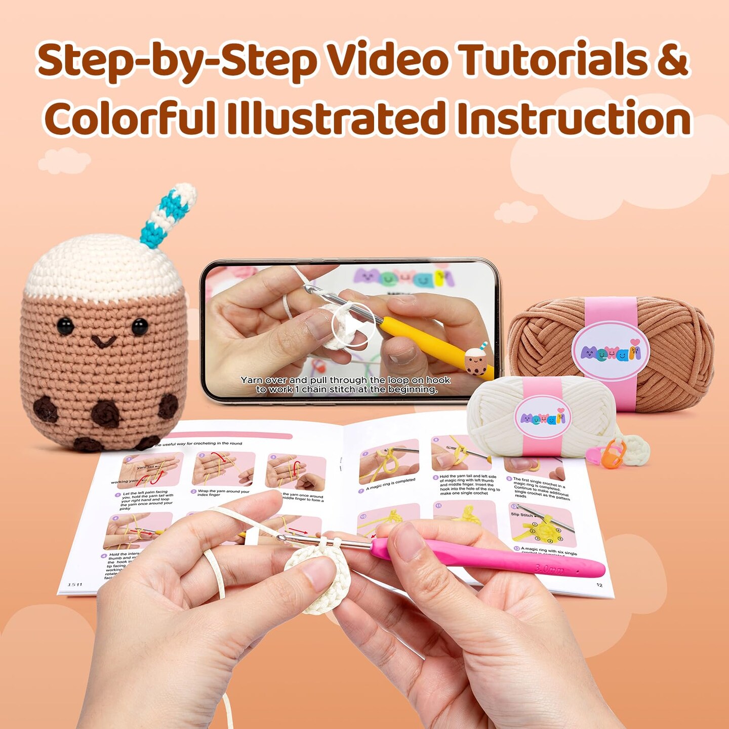 Crochet Kit for Beginners Level 1 with 40% Extra Pre-Started Easy Yarn, Step-by-Step Video Tutorials for Adults and Kids (Boba)