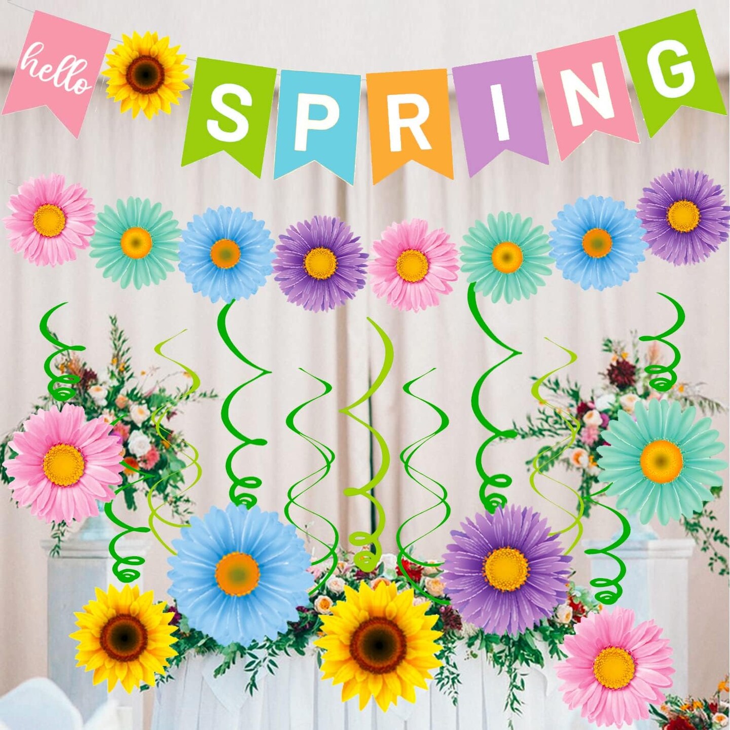 Hello Spring Banner Colorful Spring Flower Hanging Swirls Spring Sun Flowers Daisy Pattern Hanging Banner for Spring Easter Party Decorations Mantle Fireplace Indoor Outdoor Home Classroom Decorations