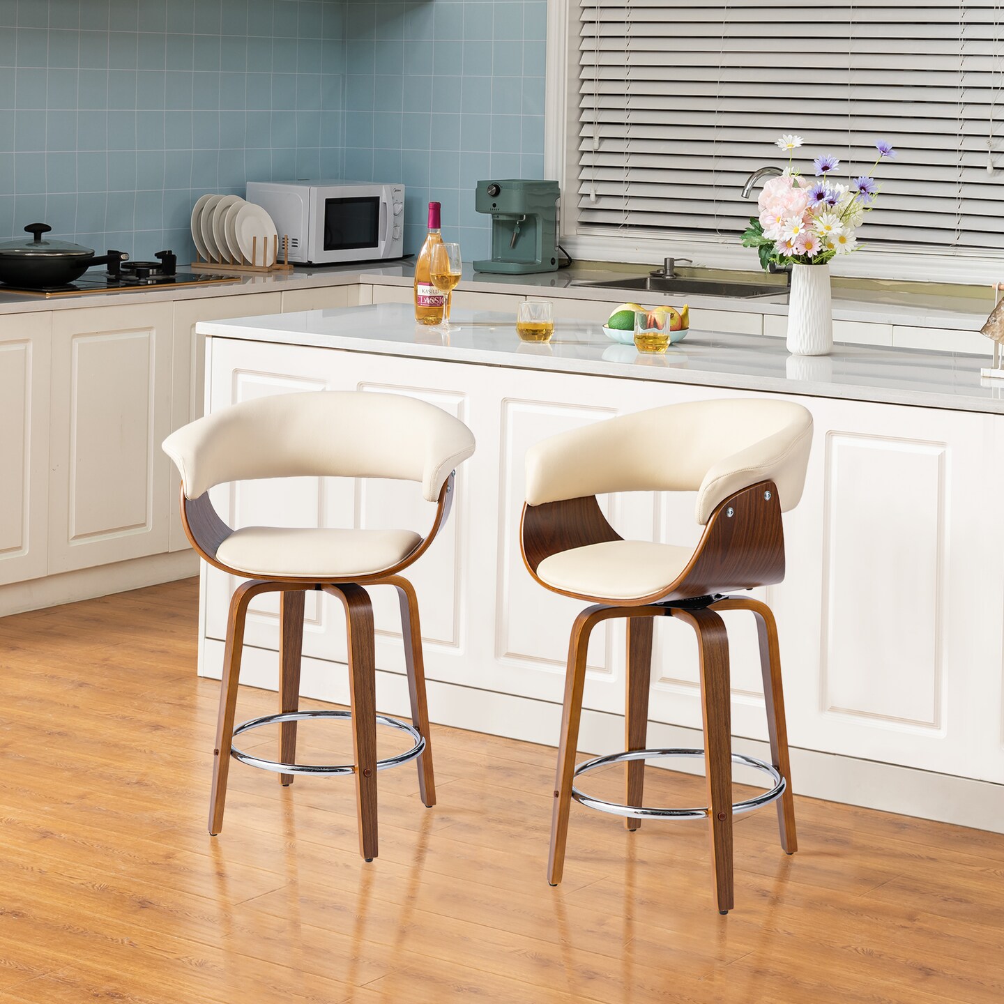 Set of 2/4 Mid-century Modern Leatherette Swivel Bar Stools/Counter Stools with Walnut Bentwood Frame