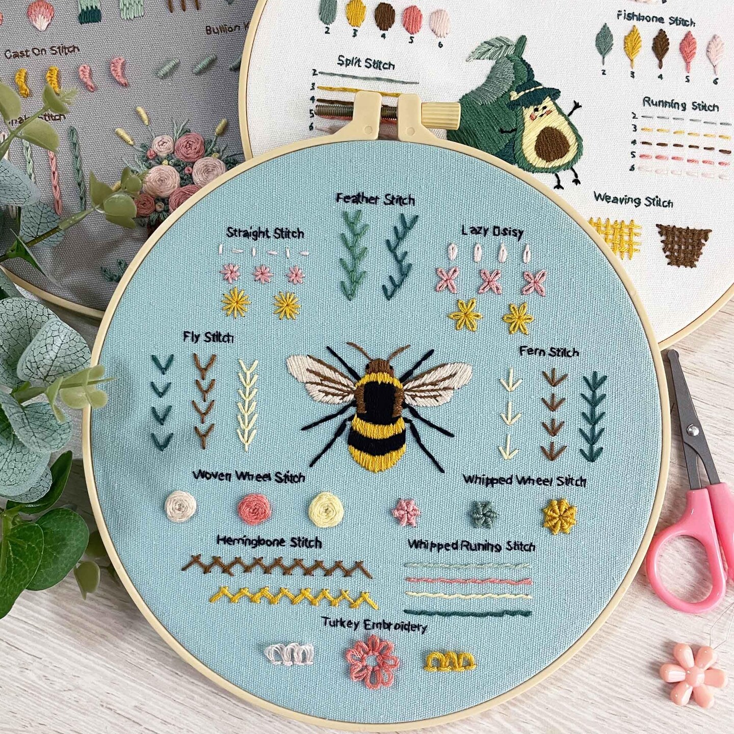 3 Embroidery kit for Beginners, Beginner Embroidery Kit for Adults. Starter Kits to Learn 28 Different Stitches, Including Fabric with Prints, Threads, Needles, Hoop and Video tutorials&#x2026;