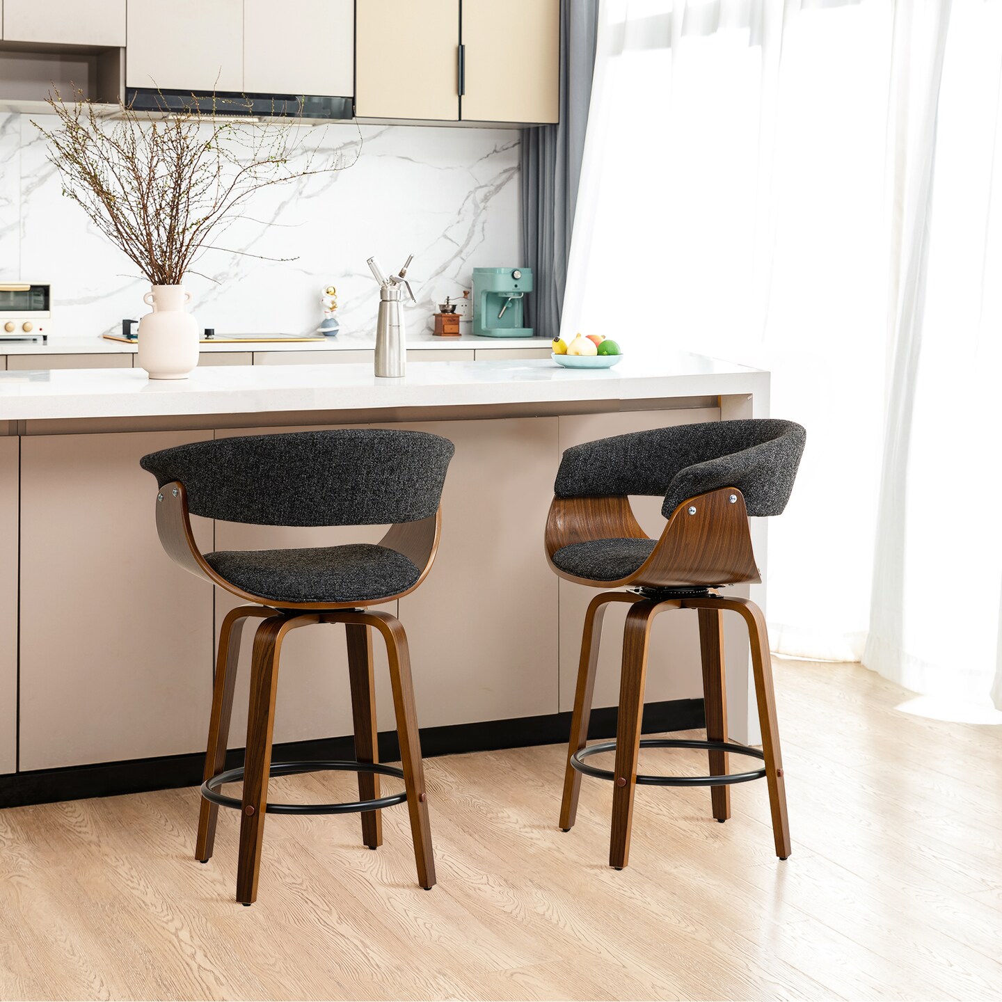 Set of 2/4 Modern Counter &#x26; Bar Height Wooden Swivel Bar Stools