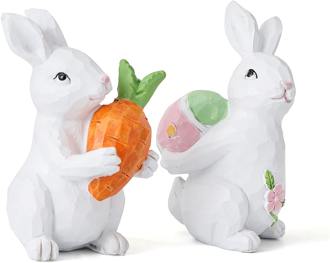 Easter Bunny Decorations - Easter Bunny Decor - Easter Spring Bunnies Figurines with Egg and Carrot - Tabletop Ornaments for Home Farmhouse Gifts - 4 ince 2pc