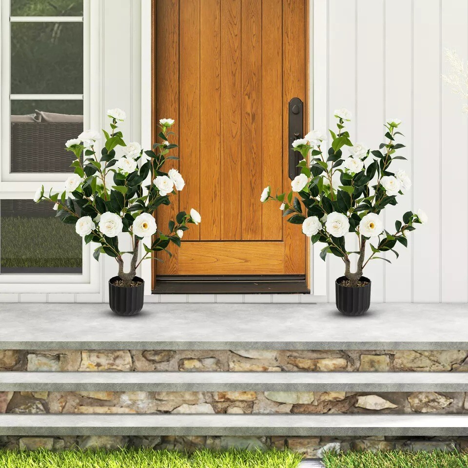 38" Faux Camellia Tree Artificial Floral Plant Fake Tree for Decoration White