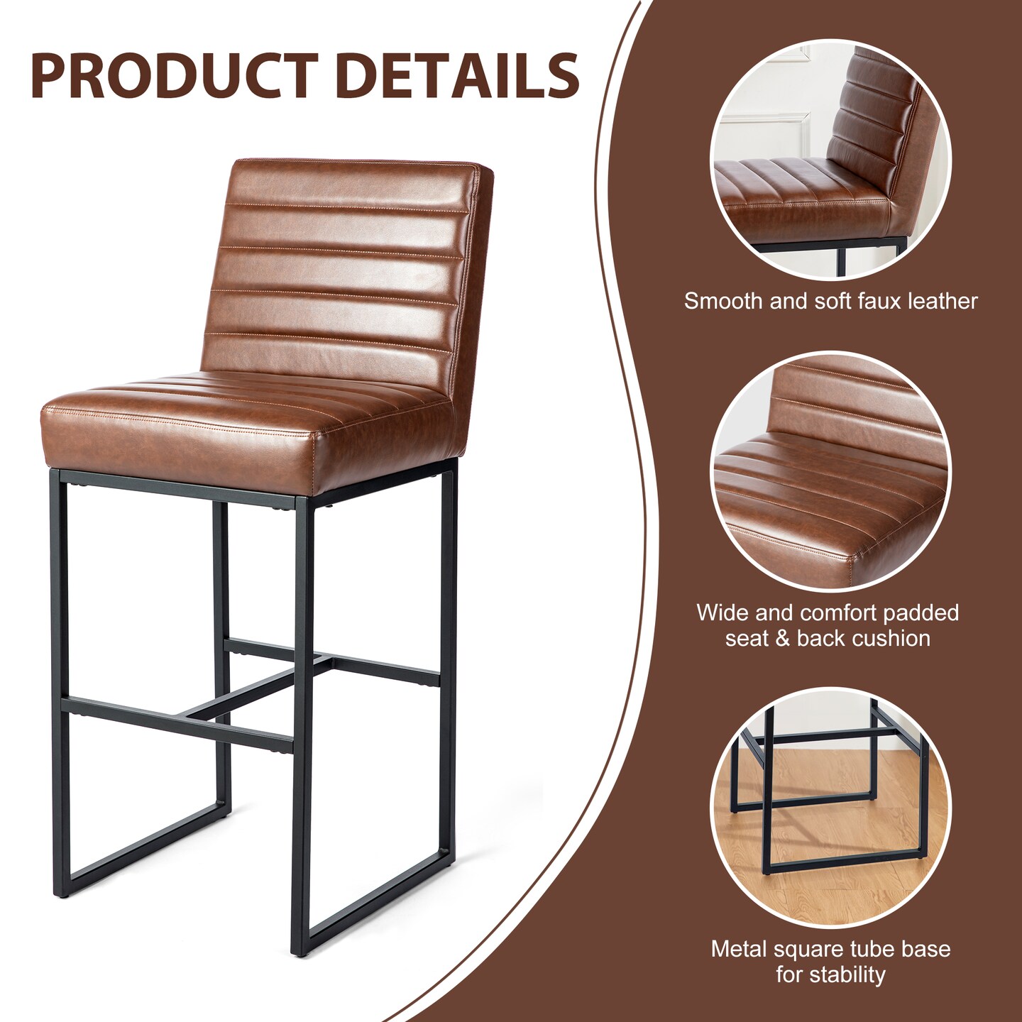Set of 2/4 Industrial Modern Brown Quilted Leatherette Bar Stools with Black Metal Frame