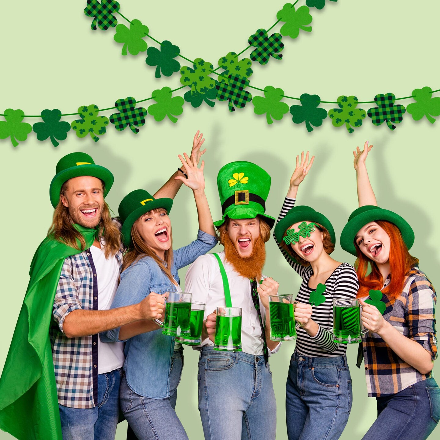 4PCS Felt Shamrock Clover Garland Banner - NO DIY, St. Patrick&#x27;s Day Decorations - Buffalo Plaid Dark Green Light Green Happy St. Patrick&#x27;s Day Banner for Home Mantel Office Irish Day Party Supplies