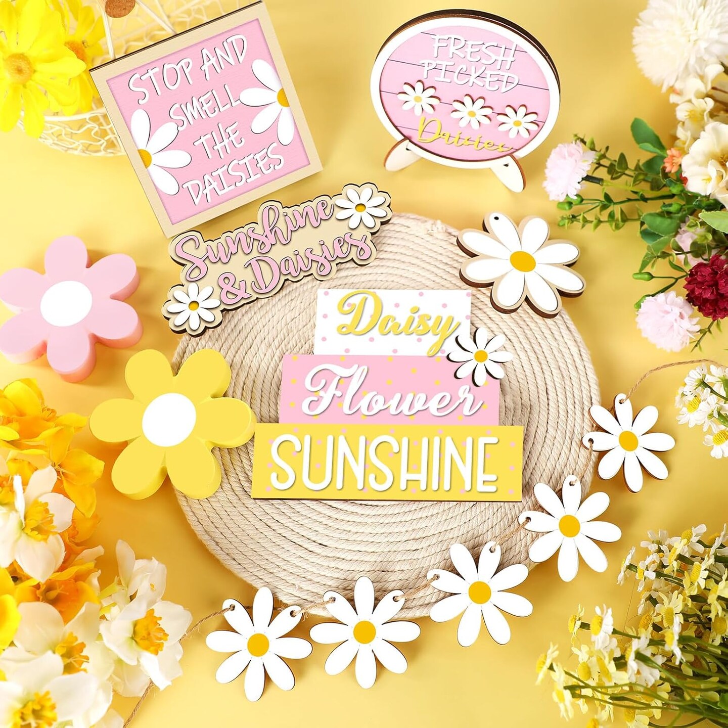 12-Piece Spring Daisy Tiered Tray Decor – Rustic Farmhouse Wooden Signs for Home & Party