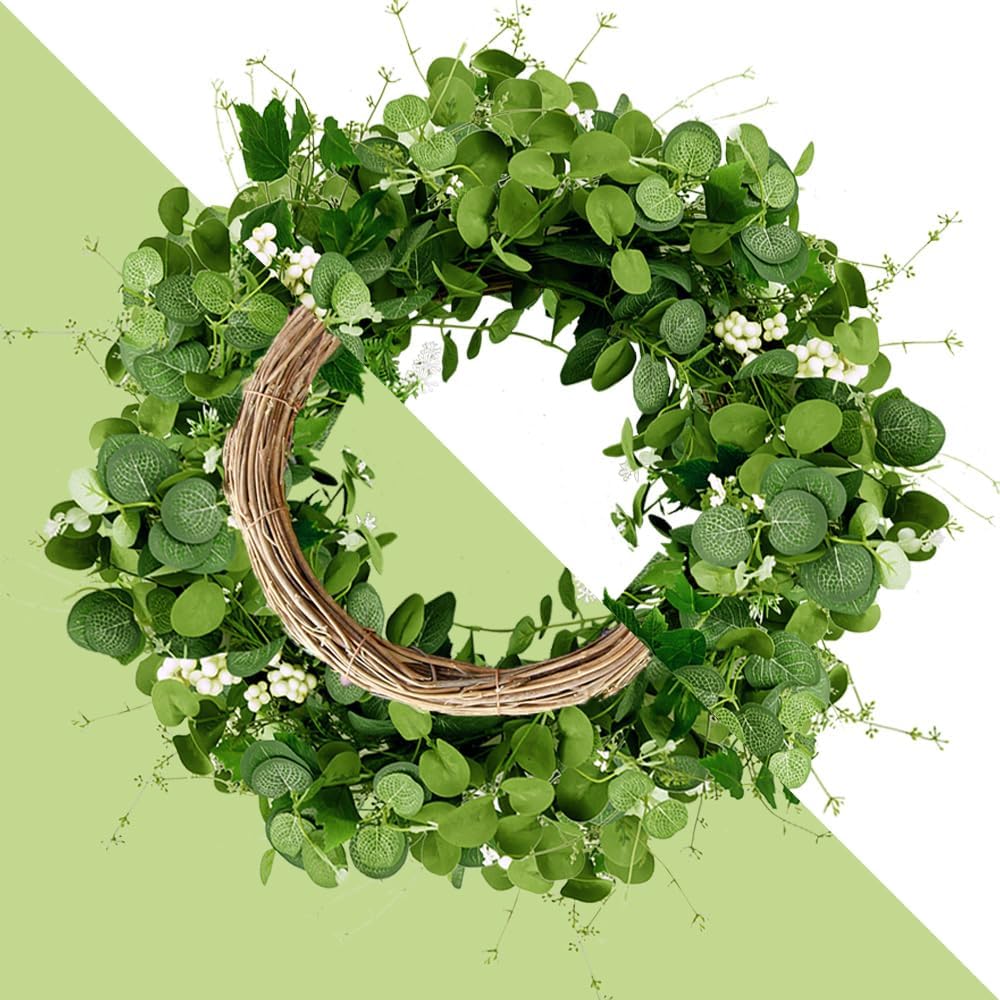 Eucalyptus Wreath 22-24 Inch, Spring Wreaths for Front Door Outside with White Berry (Green)