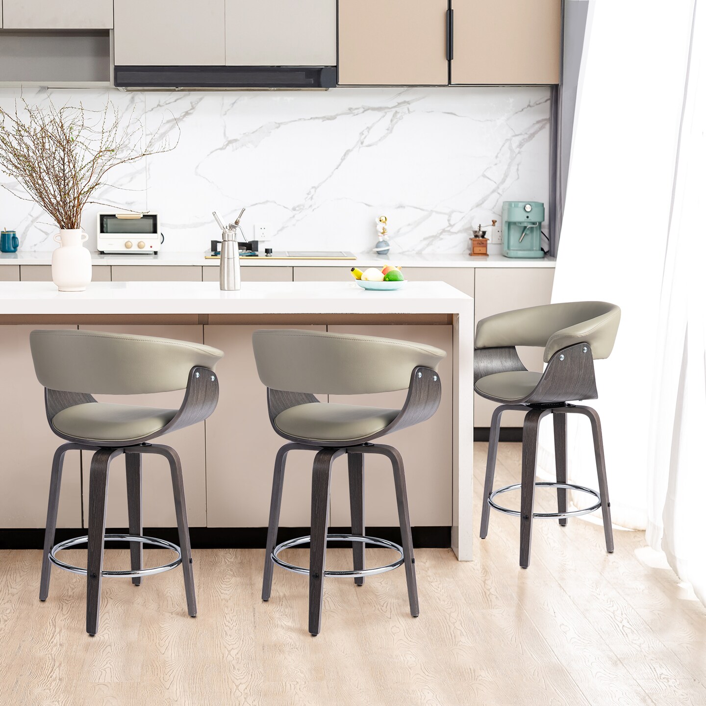 Set of 2/4 Mid-century Modern Leatherette Swivel Bar Stools/Counter Stools with Walnut Bentwood Frame