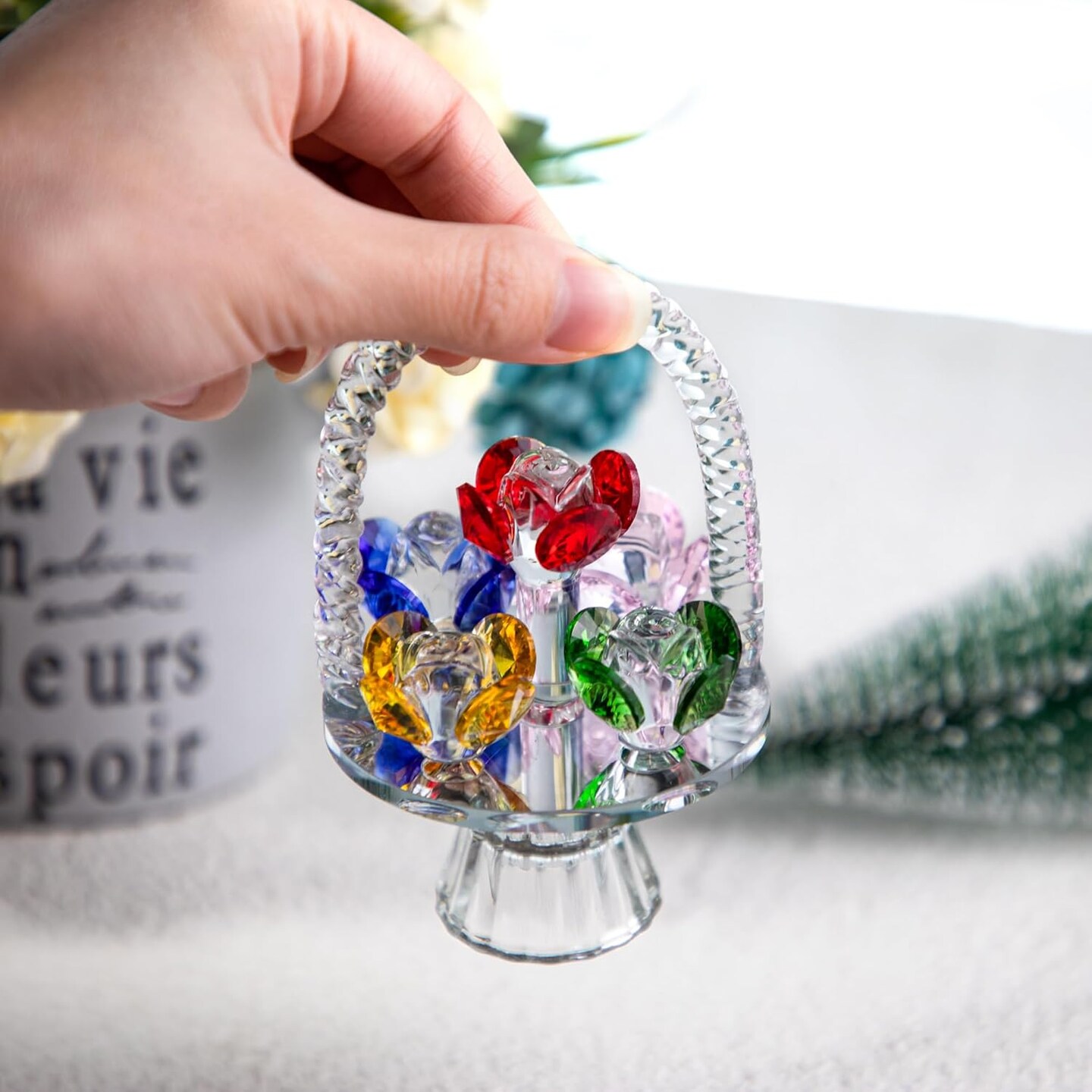 Colorful Crystal Flower Basket Figurine Ornament, Glass Flower with Rotating Base for Home Dress Table Centerpiece