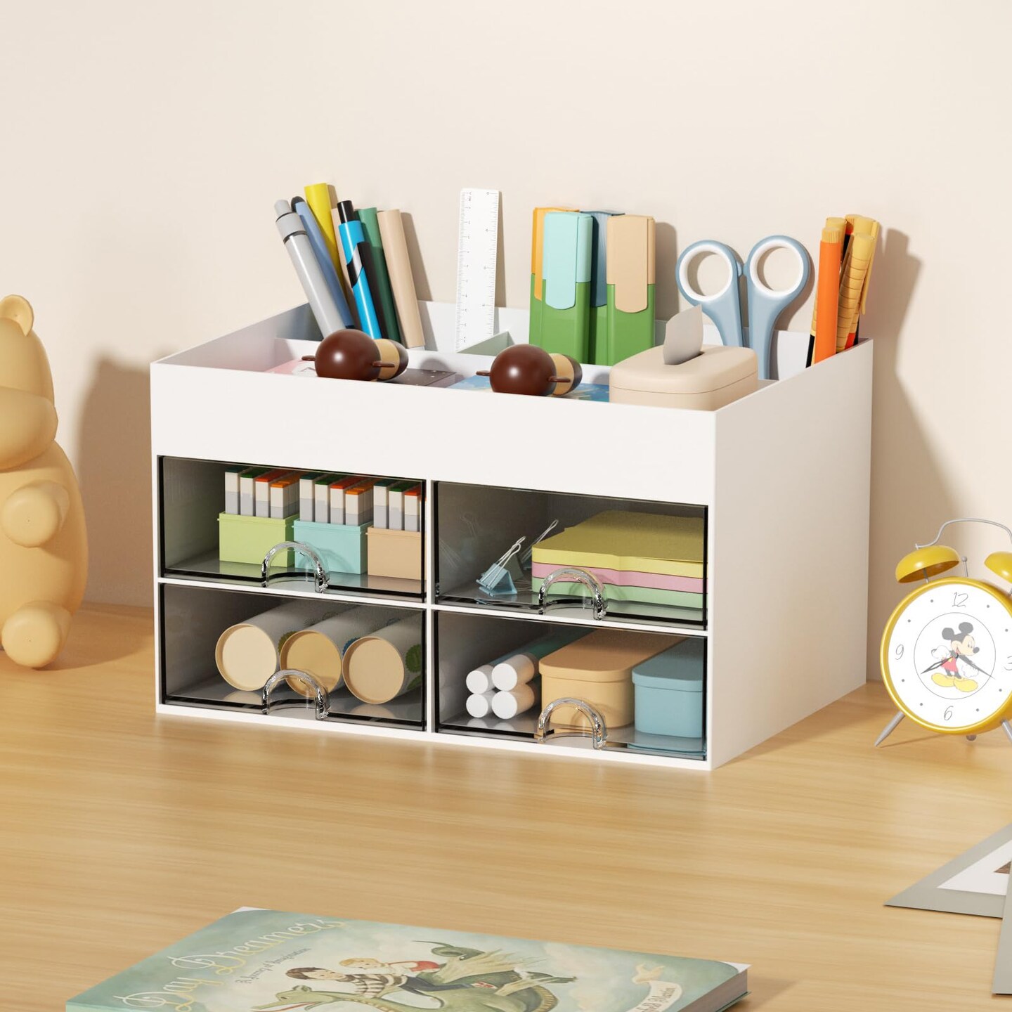 Pen Organizer with 4 Drawer, Multi-Functional Pencil Holder for Desk, Desk Organizers and Accessories with 4 Compartments + Drawer for Office Art Supplies (White)