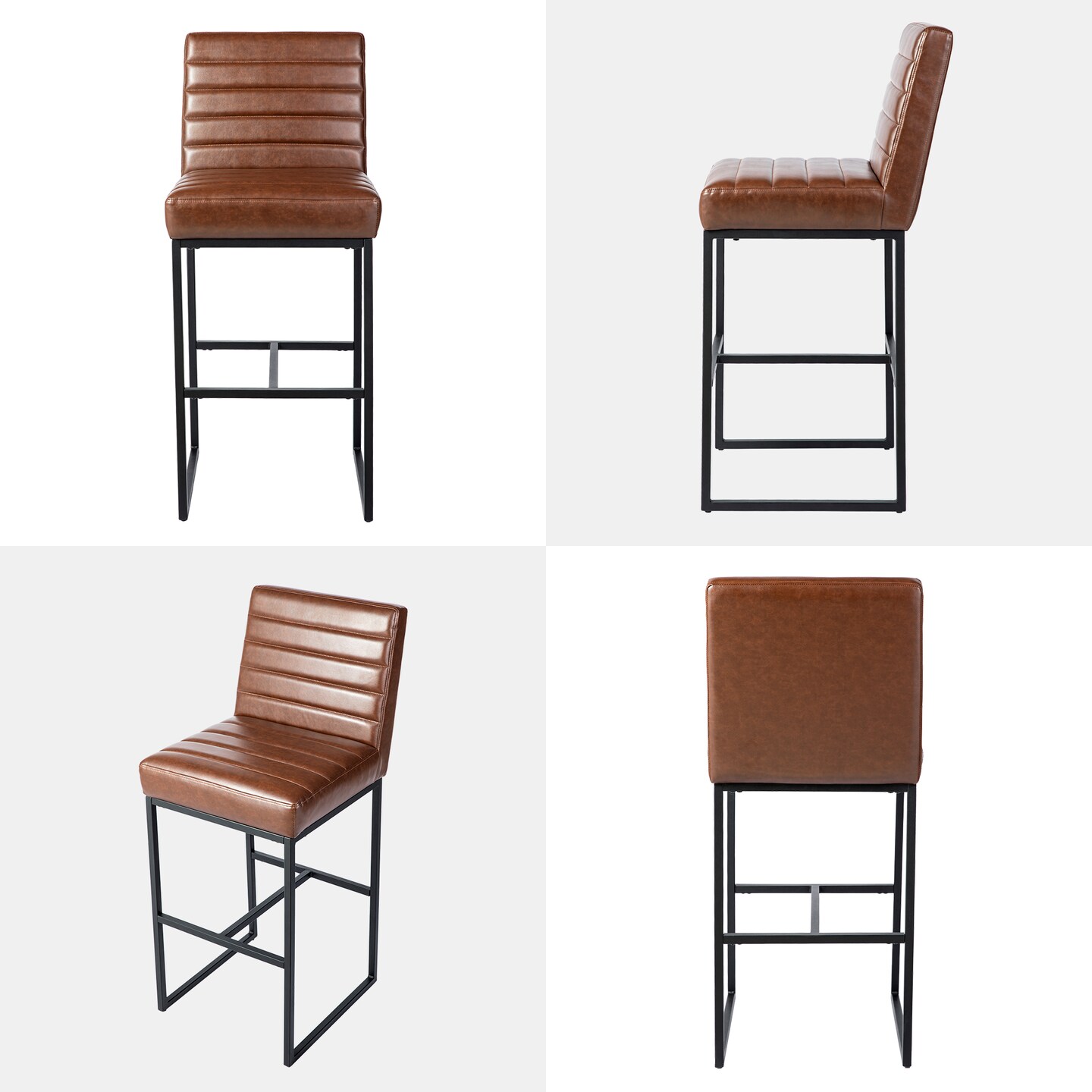 Set of 2/4 Industrial Modern Brown Quilted Leatherette Bar Stools with Black Metal Frame
