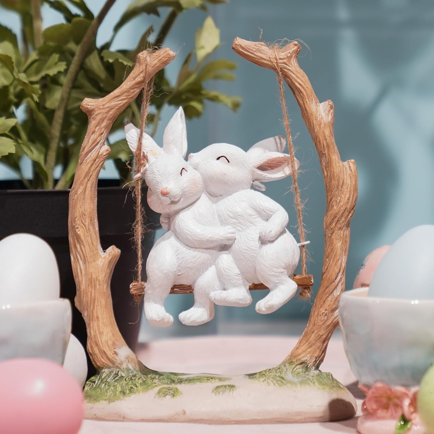 Easter Bunny Outdoor Resin Statues – Couple Rabbit Figurines on Swing, Garden & Home Decor (5"x2.5"x6.5")