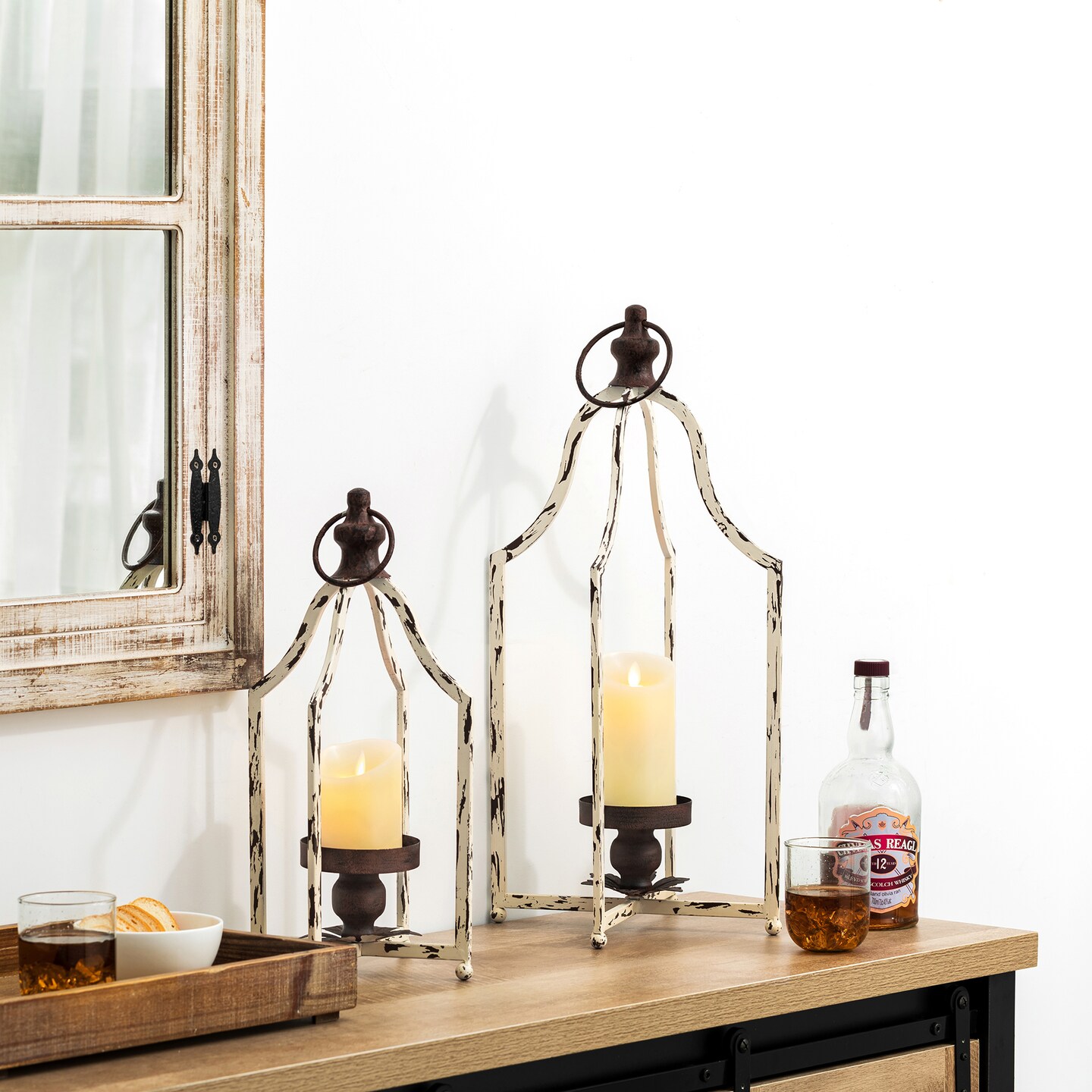 Set of 2 White Farmhouse Metal Decorative Lanterns Hanging Candle Holders Wedding Decor